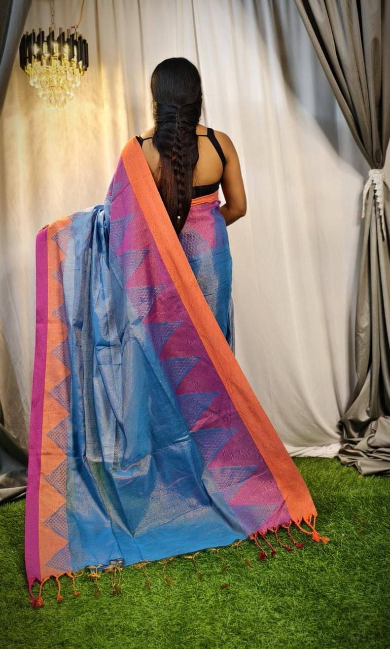     			SARADA HANDLOOM Cotton Self Design Saree With Unstitched Blouse Piece ( SkyBlue )