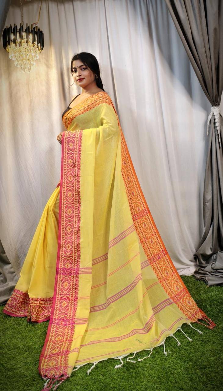     			SARADA HANDLOOM Cotton Self Design Saree With Unstitched Blouse Piece ( Yellow1 )