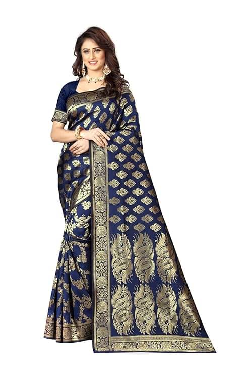     			Saadhvi Silk Woven Saree With Unstitched Blouse Piece ( Navy Blue )