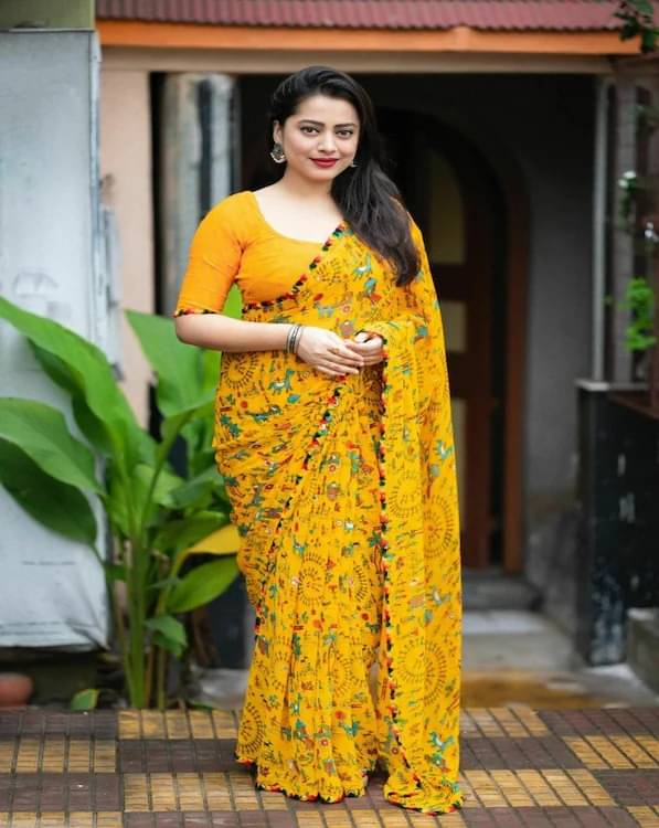Samai Georgette Printed Saree With Unstitched Blouse Piece ( Yellow ) Samai Georgette Printed Saree With Unstitched Blouse Piece ( Yellow )