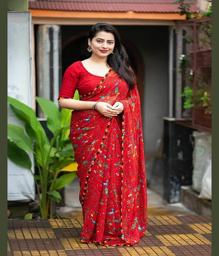 Samai Georgette Printed Saree With Unstitched Blouse Piece ( White ) - Sarees | Buy online on ZillyBuy