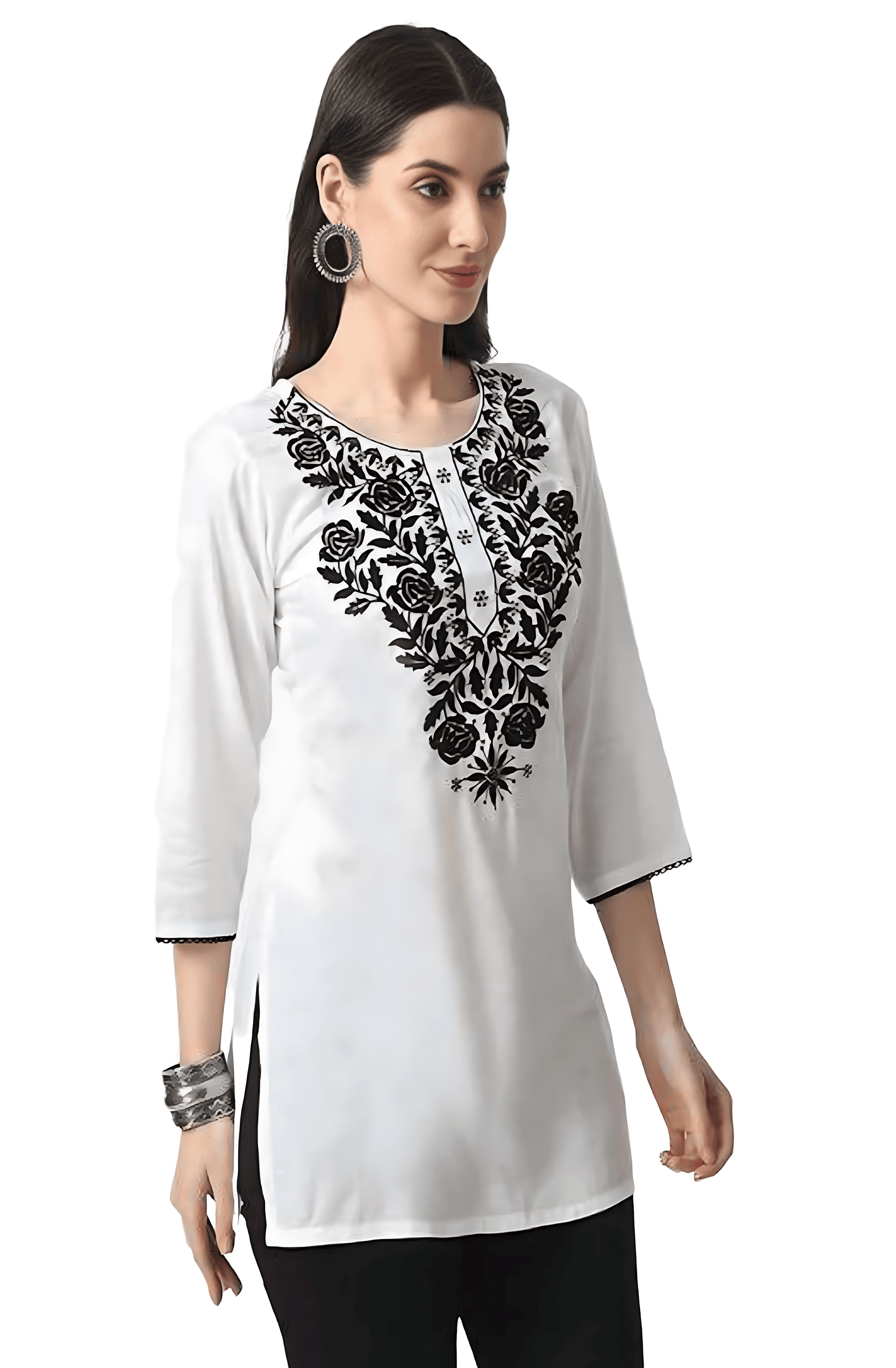 TNQ Pack of 1 Rayon Embroidered Straight Women's Kurti - ( White ) TNQ Pack of 1 Rayon Embroidered Straight Women's Kurti - ( White )