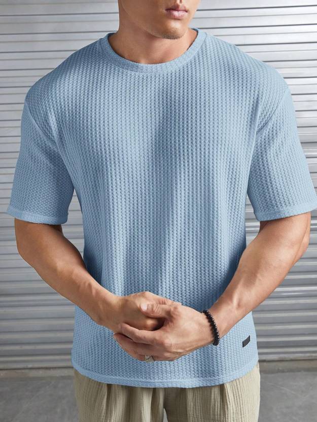     			TOROLY Cotton Blend Regular Fit Self Design Half Sleeves Men's Round T-Shirt - Sky Blue ( Pack of 1 )