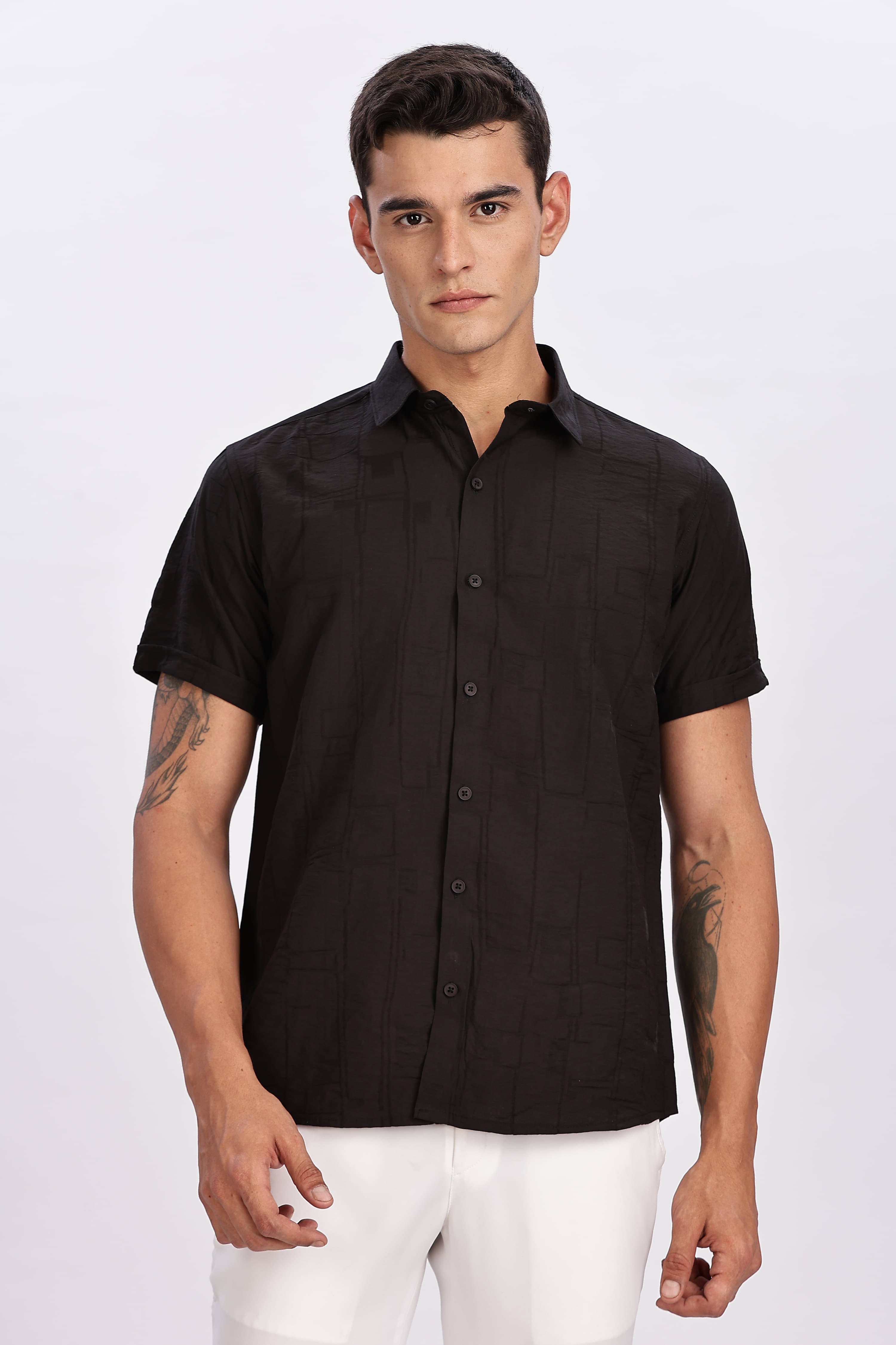 COLOR HUNT Rayon Flex Regular Fit Self Design Half Sleeves Men's Casual Shirt - Black ( Pack of 1 )     			COLOR HUNT Rayon Flex Regular Fit Self Design Half Sleeves Men's Casual Shirt - Black ( Pack of 1 )