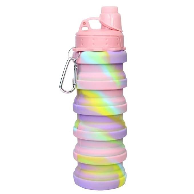     			Eclet Flexible Collapsible Silicone Sports, Trekking, Cycling, Gym, School Water Bottle Expandable And Foldable With Snap Hook, Pink (Pack Of 1 Unit), 500 ML