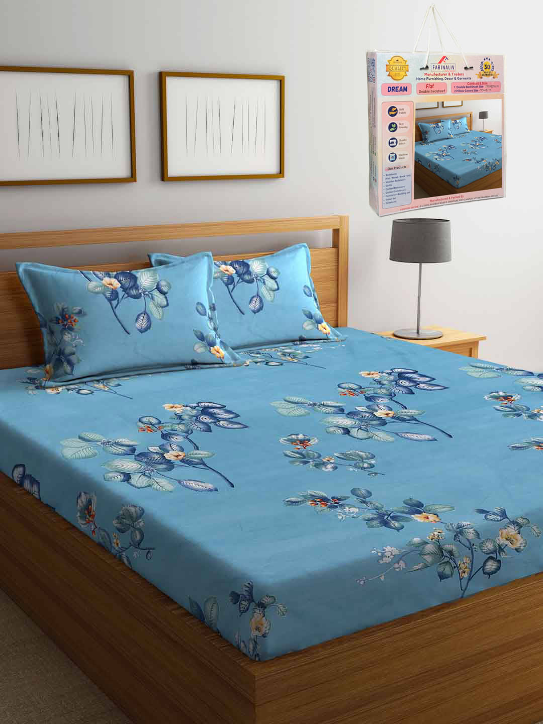     			FABINALIV Poly Cotton 1 Double Bedsheet with 2 Pillow Covers ( Sky Blue )