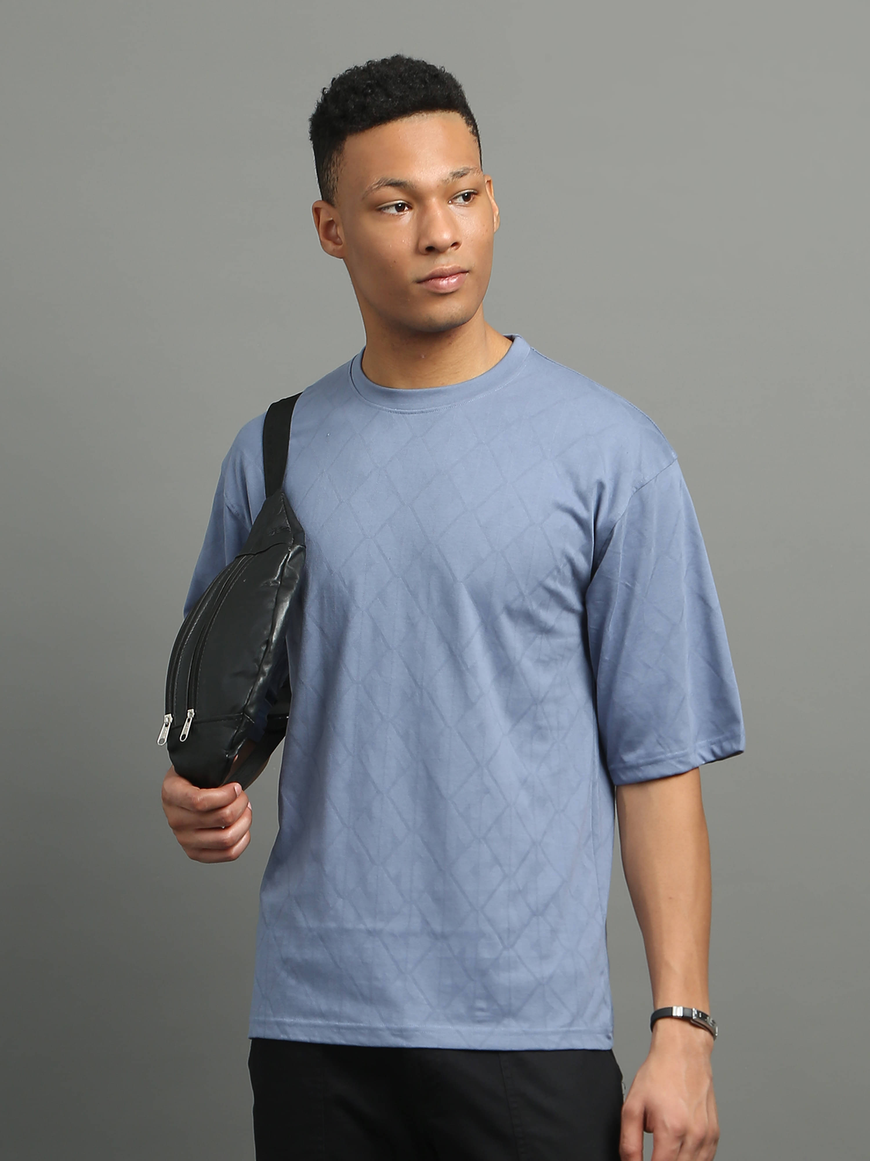     			FROSEN FOX Cotton Blend Oversized Fit Self Design Half Sleeves Men's Round T-Shirt - Blue ( Pack of 1 )