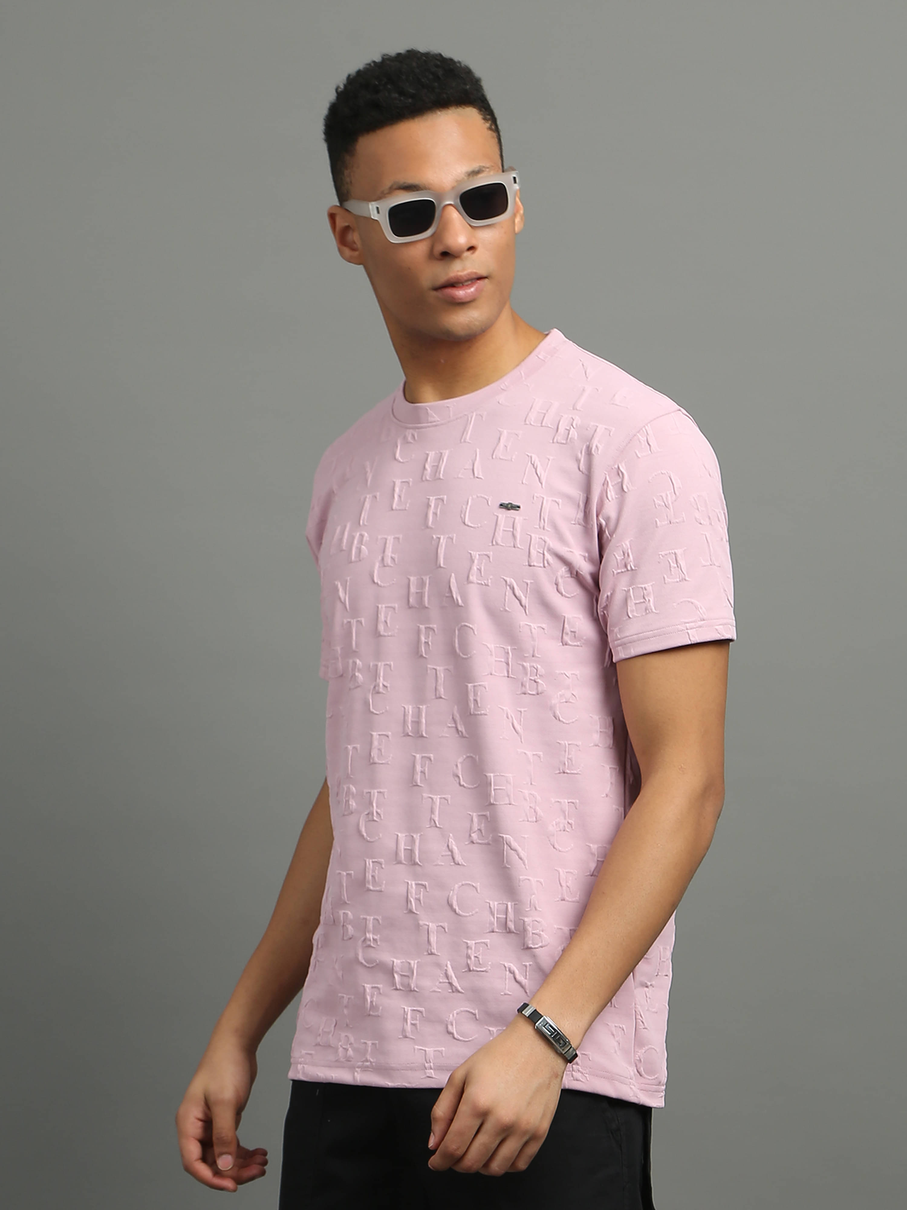     			FROSEN FOX Polyester Regular Fit Self Design Half Sleeves Men's Round T-Shirt - Pink ( Pack of 1 )