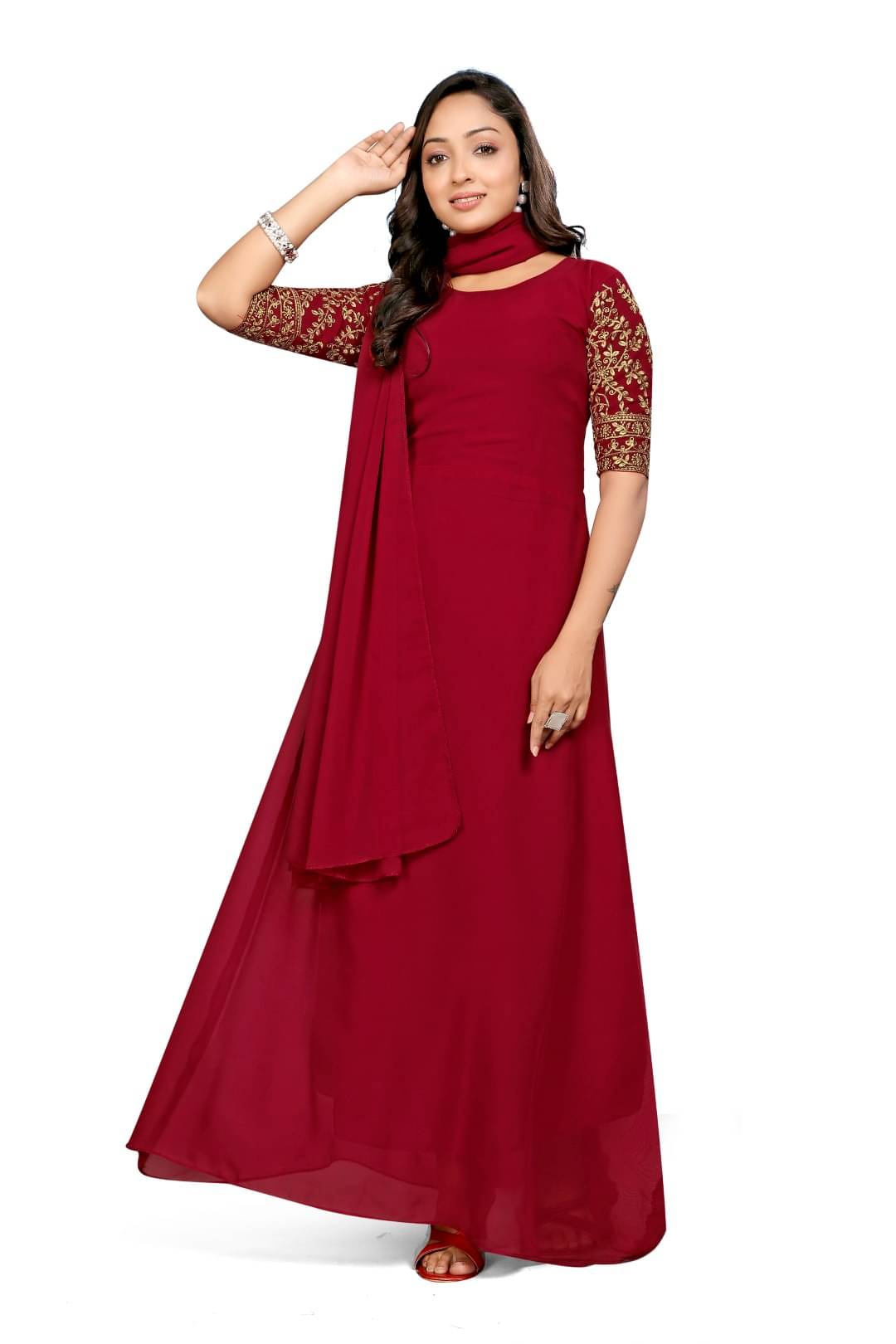    			Genric 0 Maroon Flared Georgette Women's Stitched Ethnic Gown ( Pack of 1 )