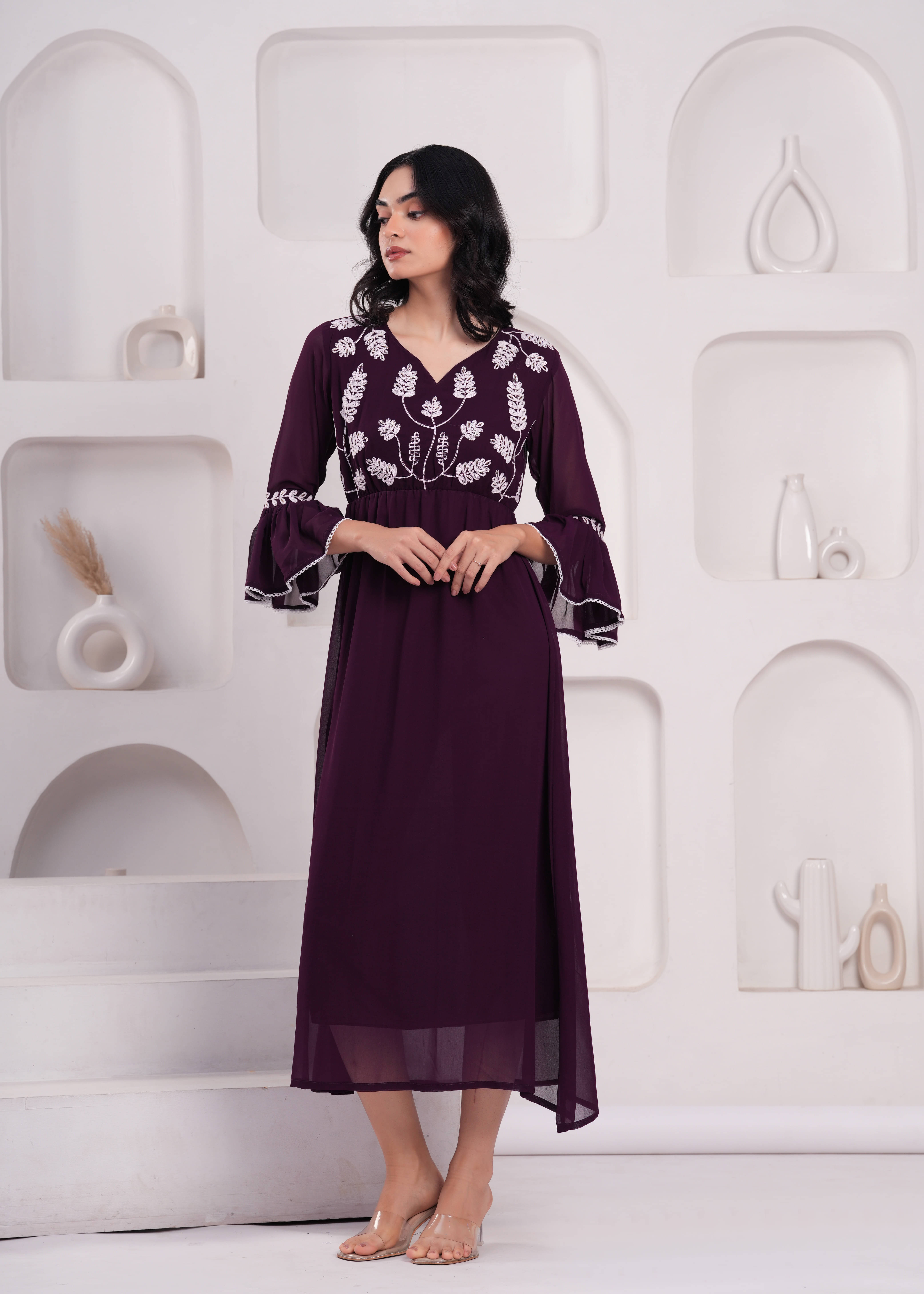     			Jyoti Saree Georgette Embroidered Calf-Length Women's Fit & Flare Dress - Purple ( Pack of 1 )