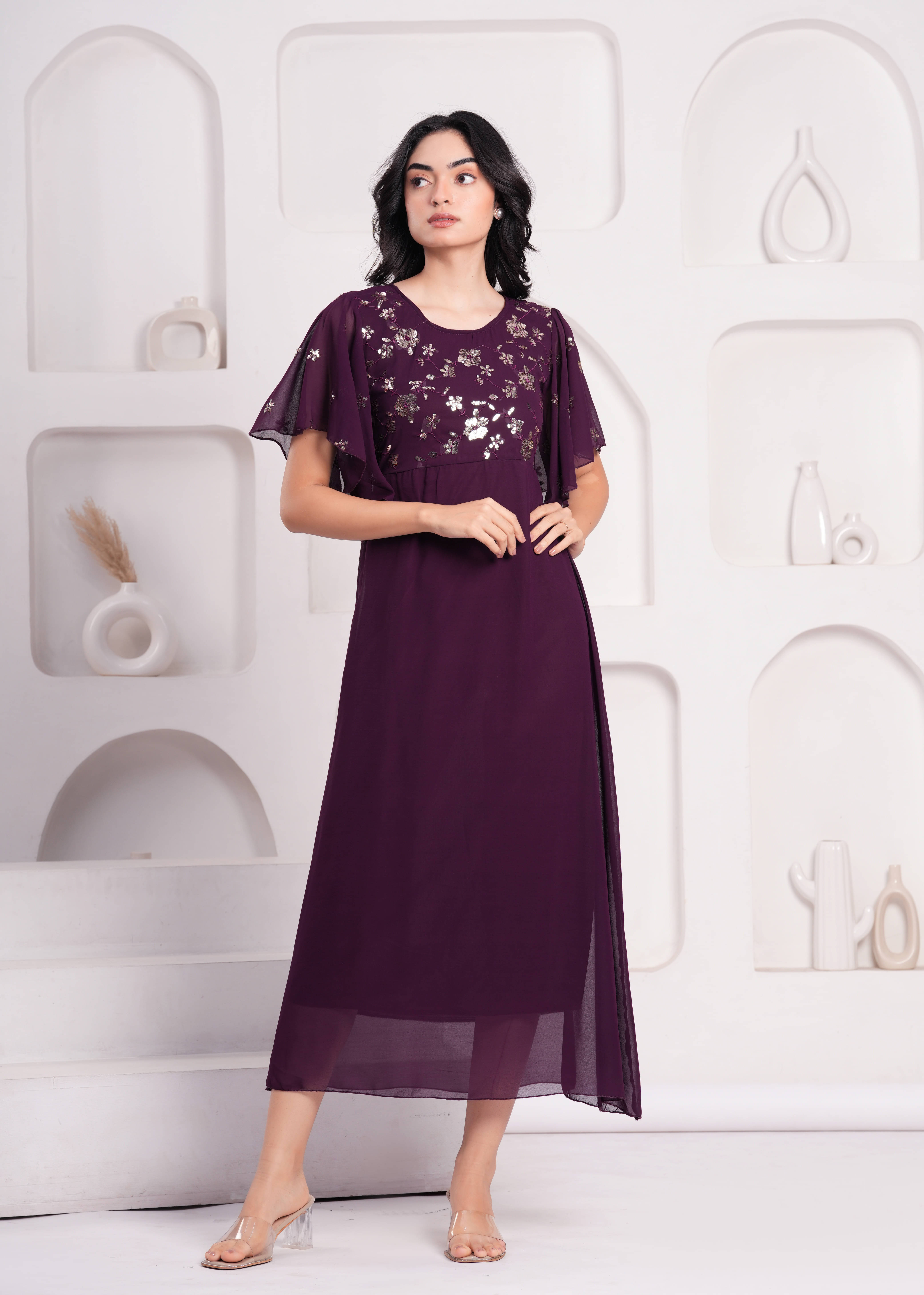 Jyoti Saree Women Georgette Printed Fit & Flare Dress ( Wine )     			Jyoti Saree Women Georgette Printed Fit & Flare Dress ( Wine )