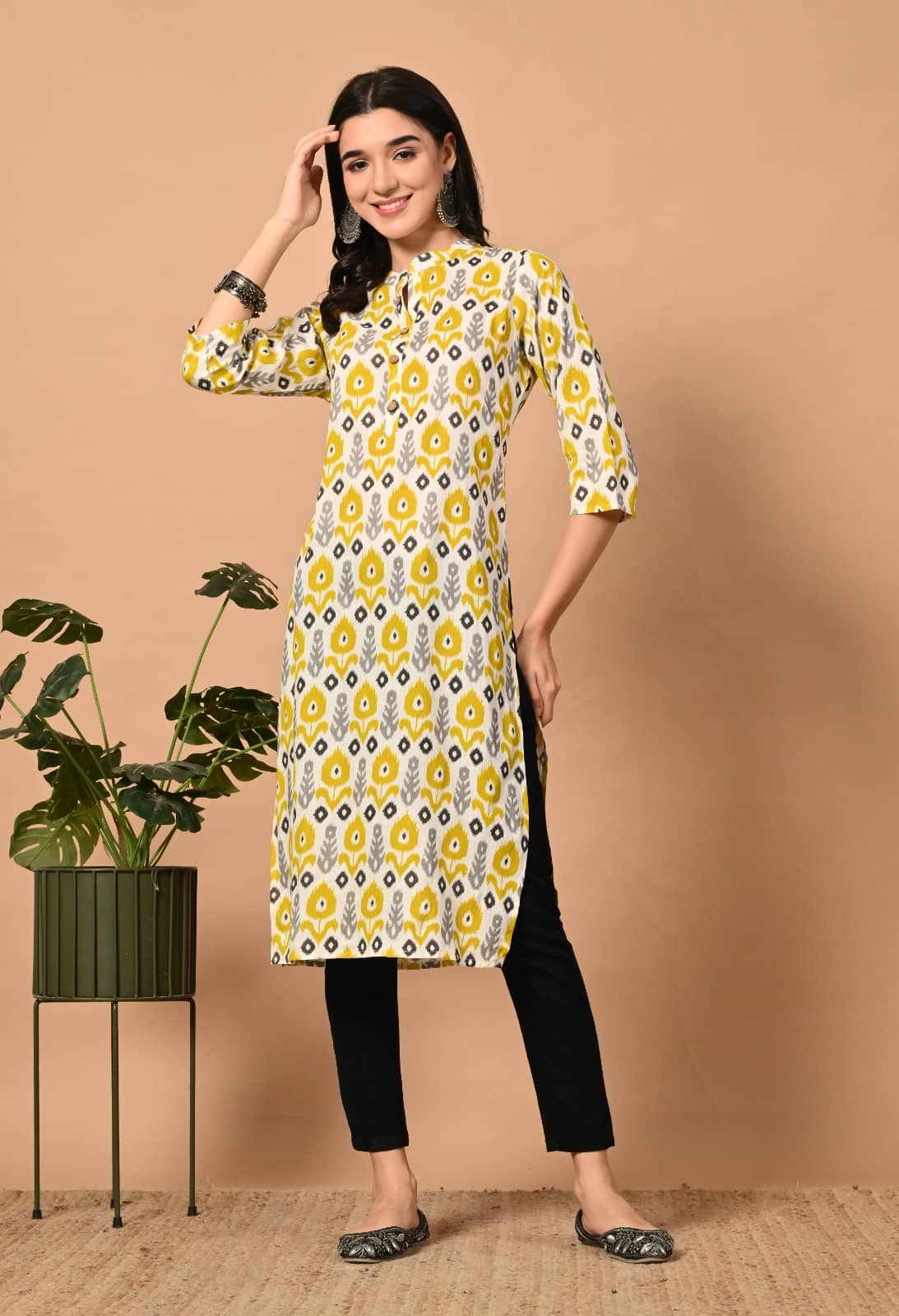 MAUKA Pack of 1 Rayon Printed Straight Women's Kurti - ( Yellow ) - Kurtis, Tunics | Buy online on ZillyBuy
