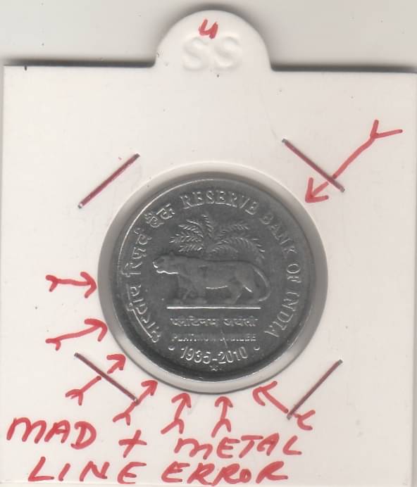     			NUMISMATTICALLY RARE AND COLLECTIBLE-1- RS R.B.I-,COMMOMORATIVE COIN WITH- MAD AND METAL LINE  ,ERROR.-WIGHT-4.85 GRAM-YEAR-2010.METAL STEEL. GEM UNC CONDITION CHECK PICTURE CAREFFULLY BEFORE ORDER PLEASE DONT PLACE FAKE  ORDER.