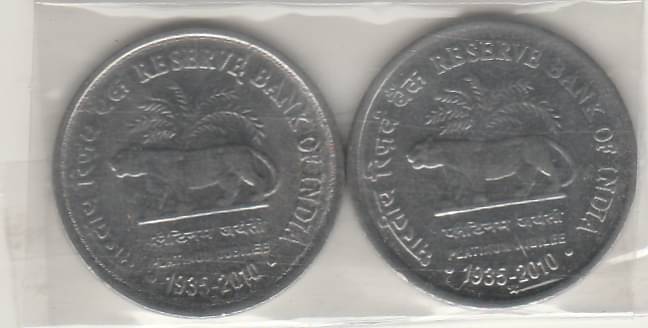     			NUMISMATTICALLY RARE AND COLLECTIBLE-1- RS R.B.I-,COMMOMORATIVE -2 COIN SET  WITH METAL LINE ERR,GEM UNC -WIGHT-4.85 GRAM-YEAR-2010.METAL STEEL. GEM UNC CONDITION CHECK PICTURE CAREFFULLY BEFORE ORDER PLEASE DONT PLACE FAKE  ORDER.