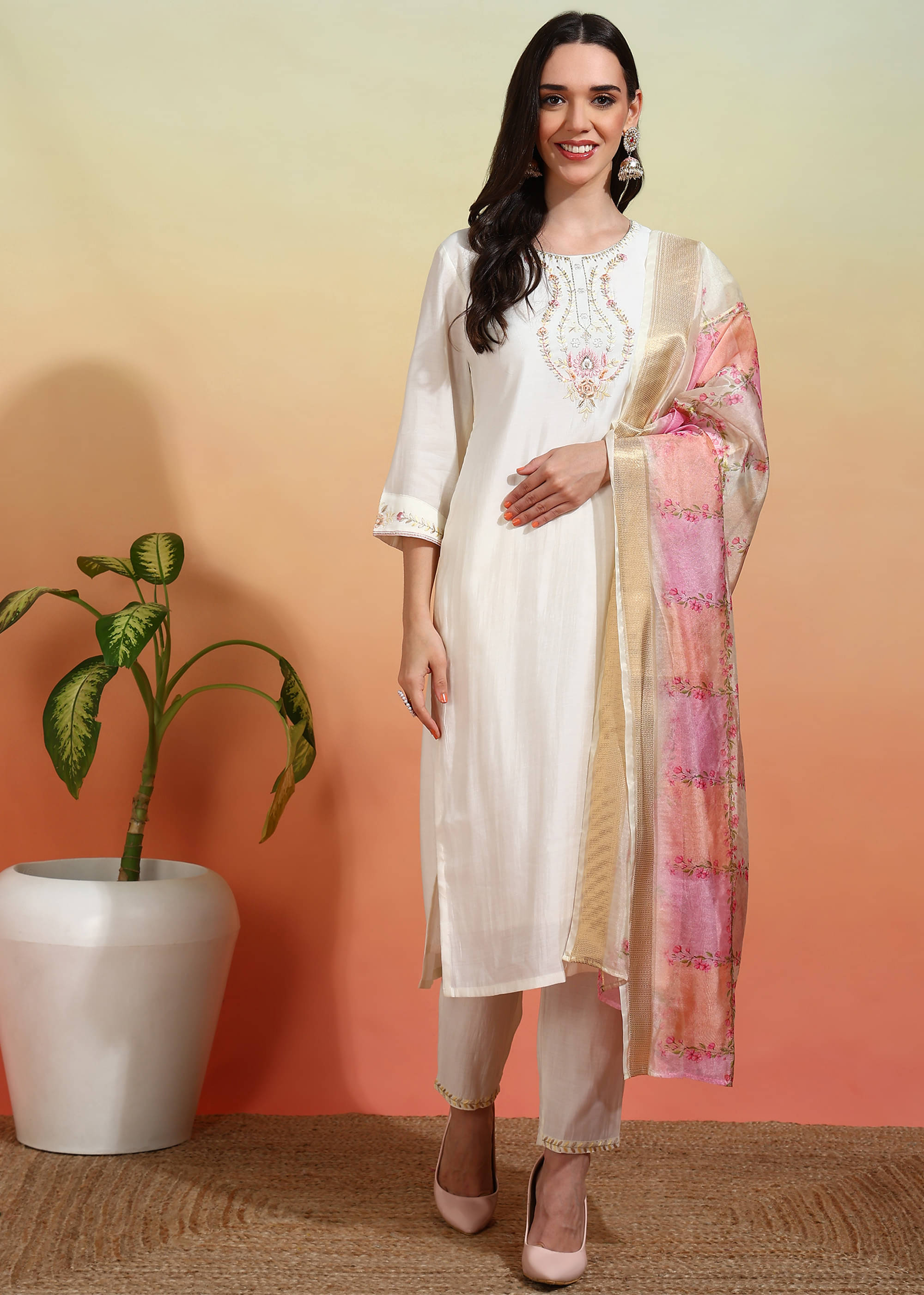 Royal Export Chanderi Embroidered Kurti With Pants Women's Stitched Salwar Suit - White ( Pack of 1 )     			Royal Export Chanderi Embroidered Kurti With Pants Women's Stitched Salwar Suit - White ( Pack of 1 )