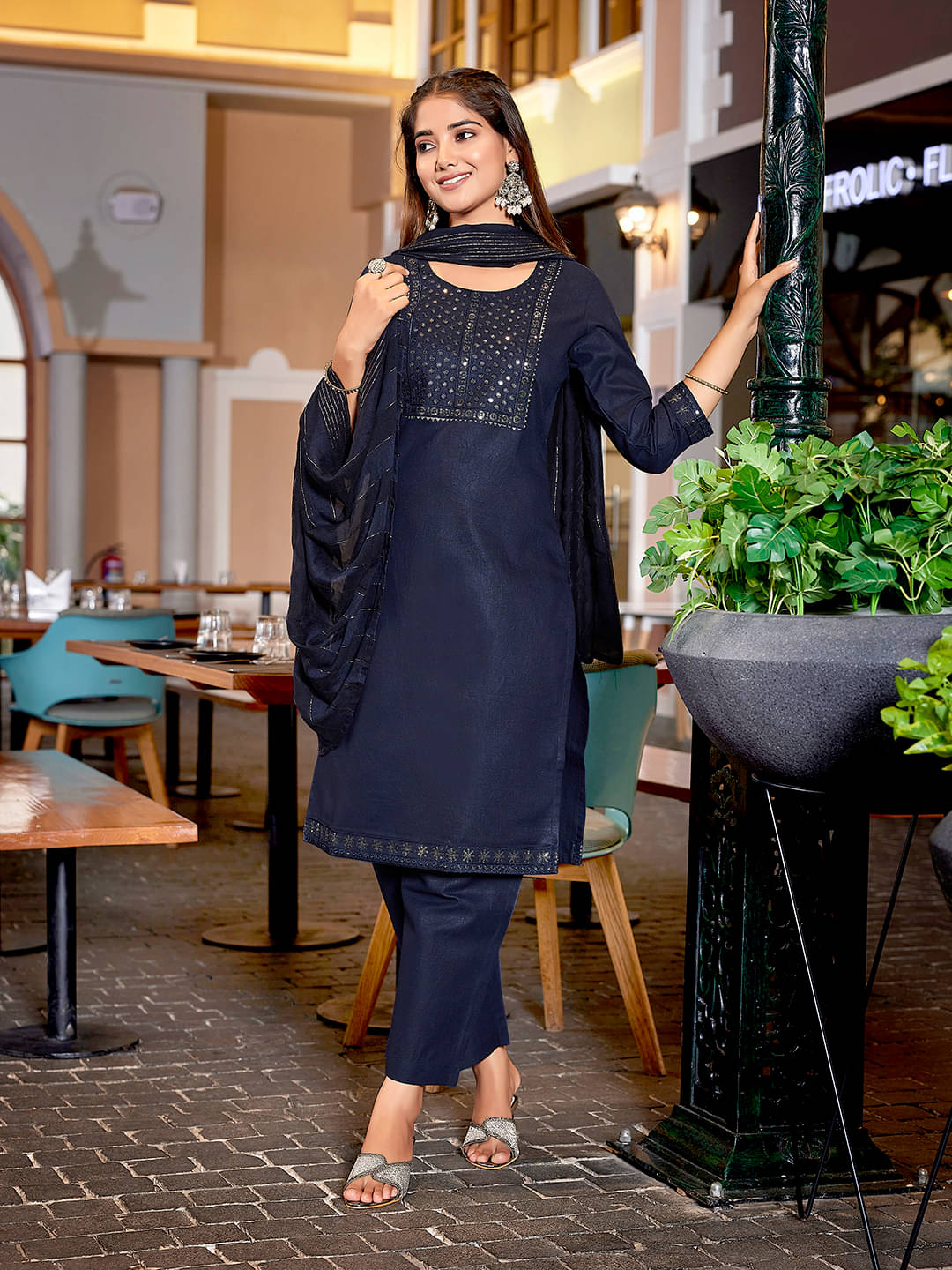     			Royal Export Cotton Blend Embellished Kurti With Pants Women's Stitched Salwar Suit - Navy Blue ( Pack of 1 )