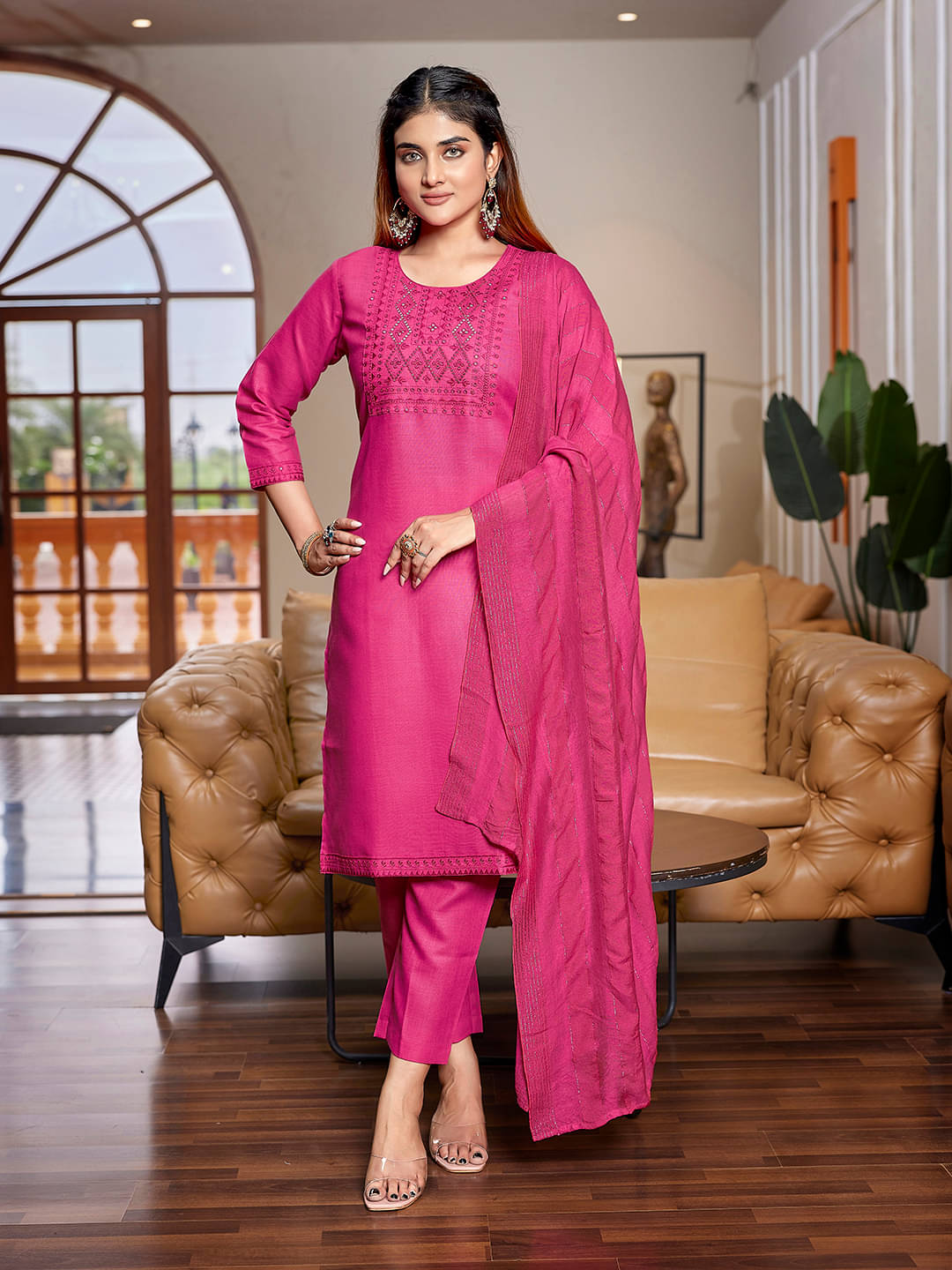     			Royal Export Cotton Blend Embroidered Kurti With Pants Women's Stitched Salwar Suit - Pink ( Pack of 1 )