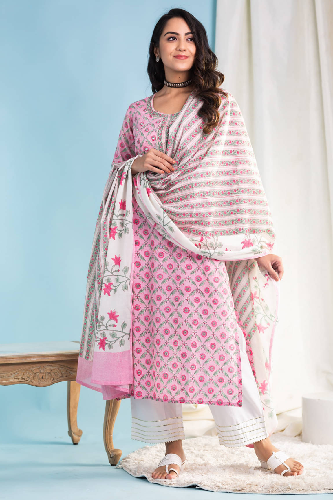     			Royal Export Cotton Blend Printed Kurti With Pants Women's Stitched Salwar Suit - Pink ( Pack of 1 )