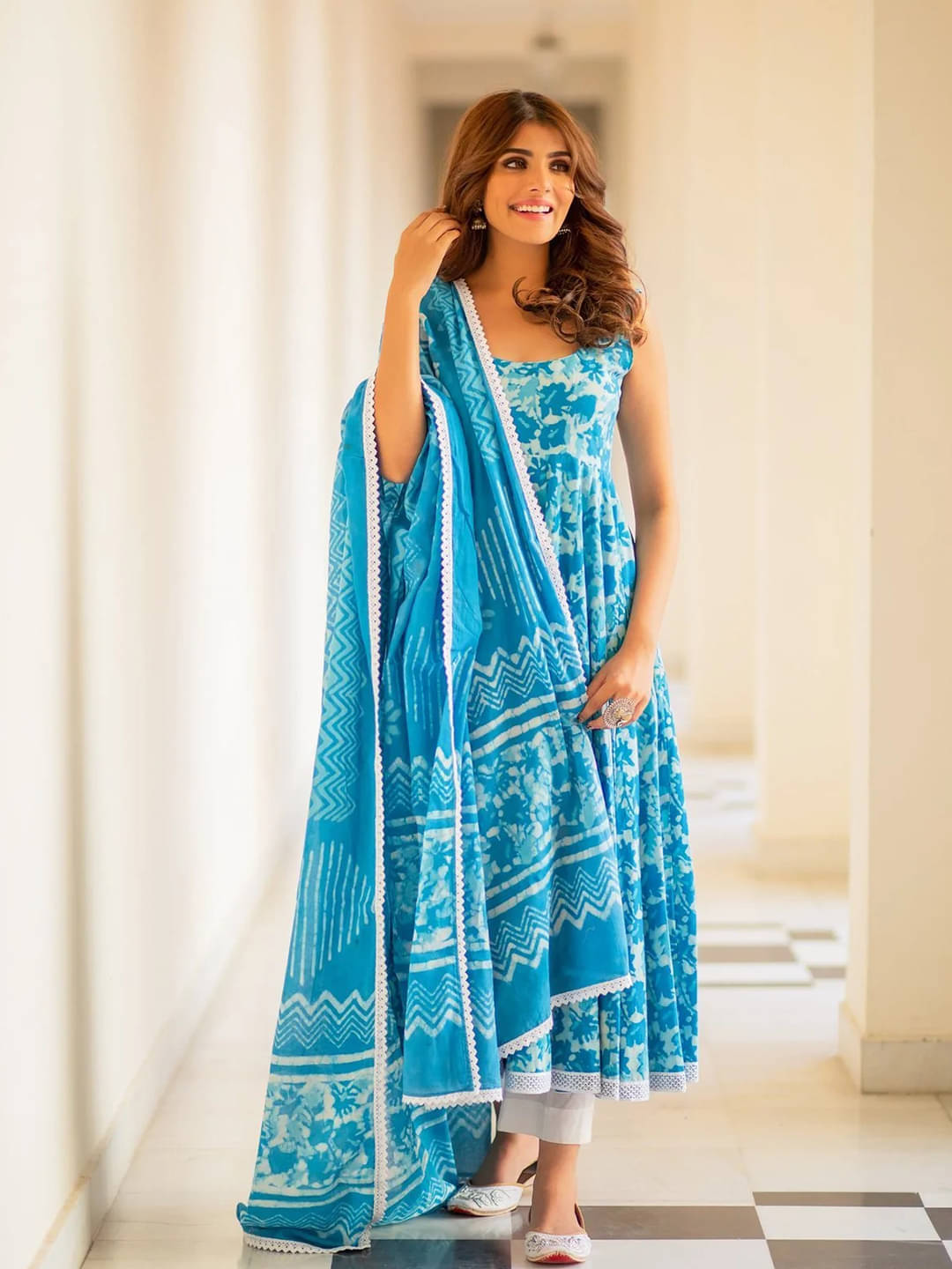     			Royal Export Cotton Blend Printed Kurti With Pants Women's Stitched Salwar Suit - Light Blue ( Pack of 1 )
