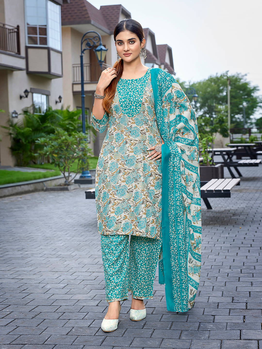     			Royal Export Cotton Blend Printed Kurti With Pants Women's Stitched Salwar Suit - Sea Green ( Pack of 1 )