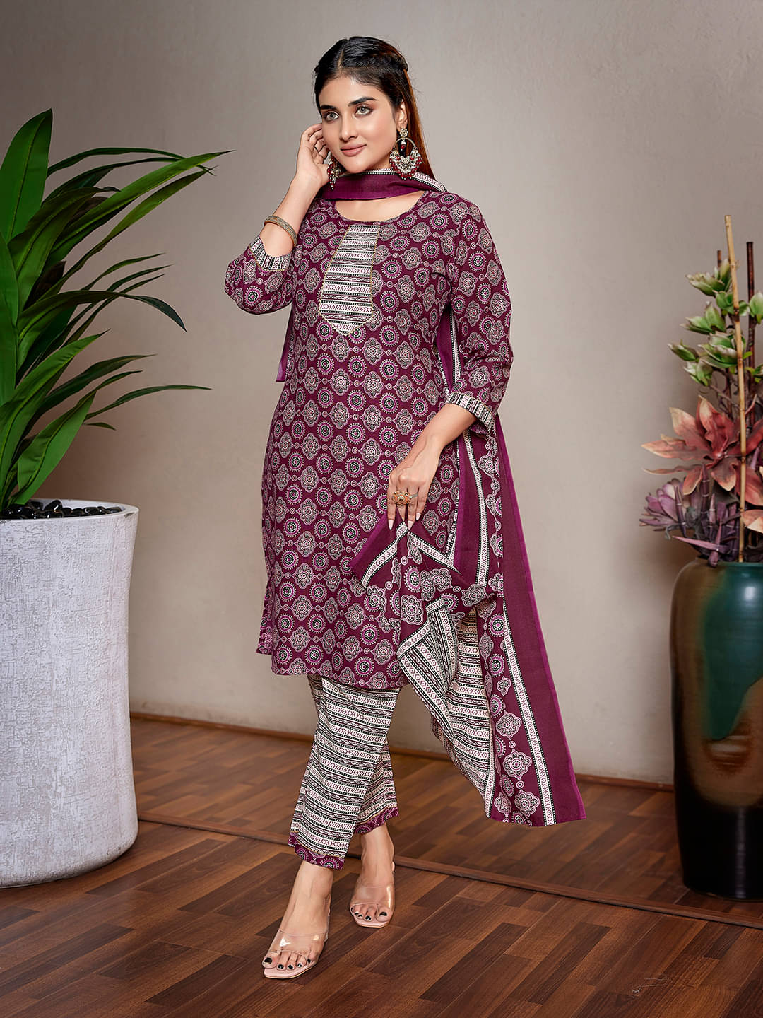 Royal Export Cotton Blend Printed Kurti With Pants Women's Stitched Salwar Suit - Purple ( Pack of 1 ) Royal Export Cotton Blend Printed Kurti With Pants Women's Stitched Salwar Suit - Purple ( Pack of 1 )