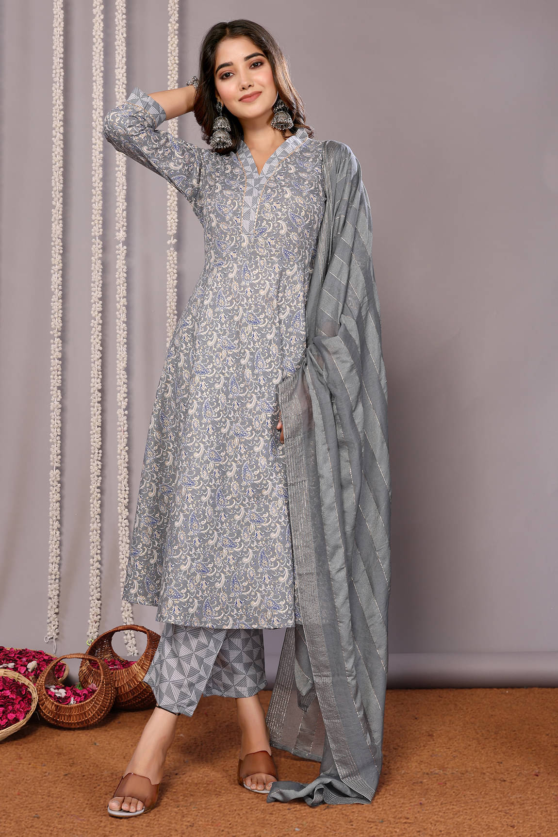 Royal Export Cotton Blend Printed Kurti With Pants Women's Stitched Salwar Suit - Grey ( Pack of 1 ) Royal Export Cotton Blend Printed Kurti With Pants Women's Stitched Salwar Suit - Grey ( Pack of 1 )