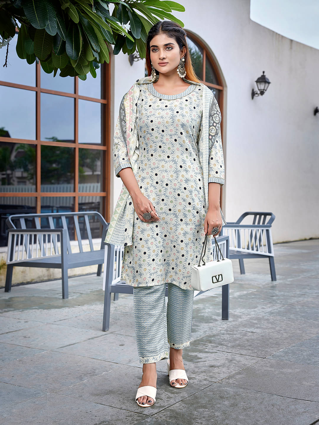     			Royal Export Cotton Blend Printed Kurti With Pants Women's Stitched Salwar Suit - Grey ( Pack of 1 )