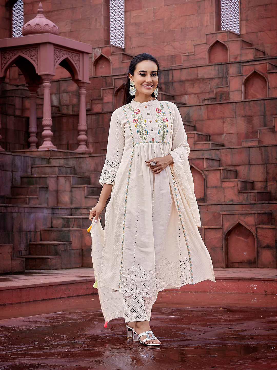 Royal Export Cotton Embroidered Kurti With Pants Women's Stitched Salwar Suit - Beige ( Pack of 1 )