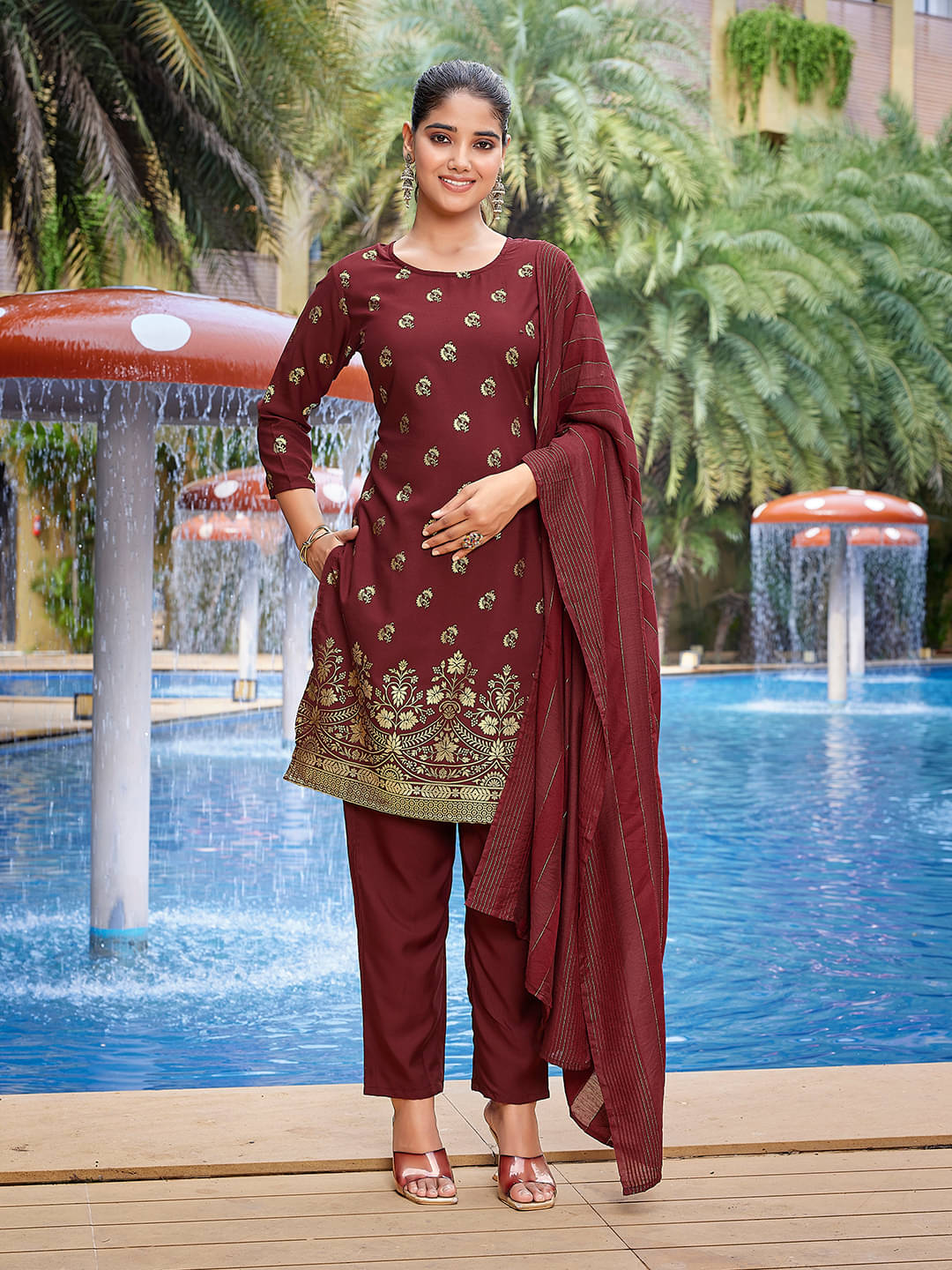 Royal Export Crepe Printed Kurti With Pants Women's Stitched Salwar Suit - Maroon ( Pack of 1 ) Royal Export Crepe Printed Kurti With Pants Women's Stitched Salwar Suit - Maroon ( Pack of 1 )