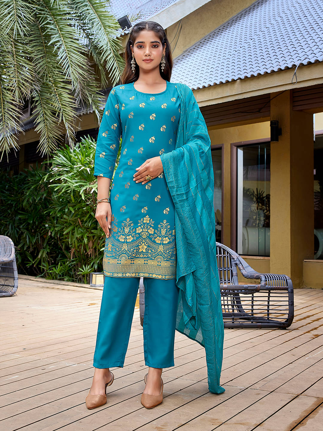 Royal Export Crepe Printed Kurti With Pants Women's Stitched Salwar Suit - Turquoise ( Pack of 1 ) Royal Export Crepe Printed Kurti With Pants Women's Stitched Salwar Suit - Turquoise ( Pack of 1 )