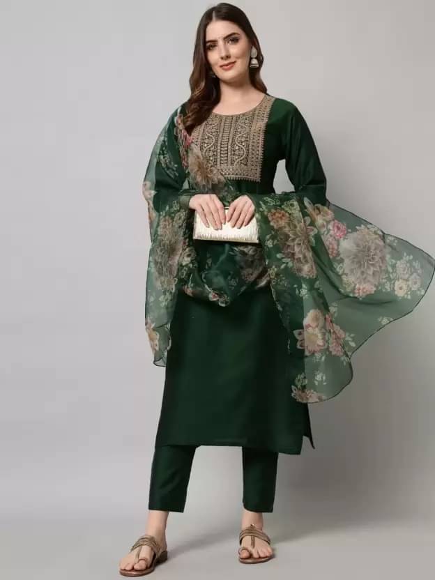     			Royal Export Silk Blend Embellished Kurti With Pants Women's Stitched Salwar Suit - Green ( Pack of 1 )