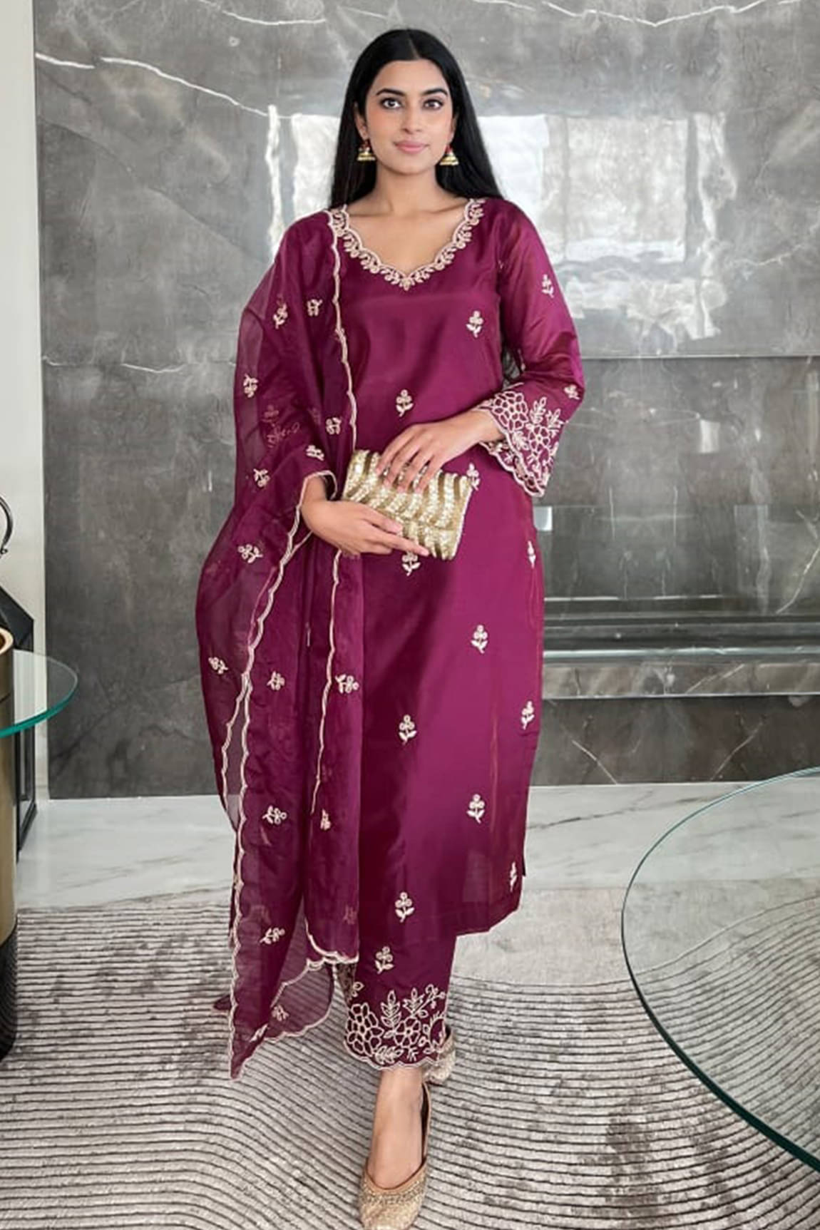 Royal Export Viscose Embroidered Kurti With Pants Women's Stitched Salwar Suit - Wine ( Pack of 1 ) Royal Export Viscose Embroidered Kurti With Pants Women's Stitched Salwar Suit - Wine ( Pack of 1 )