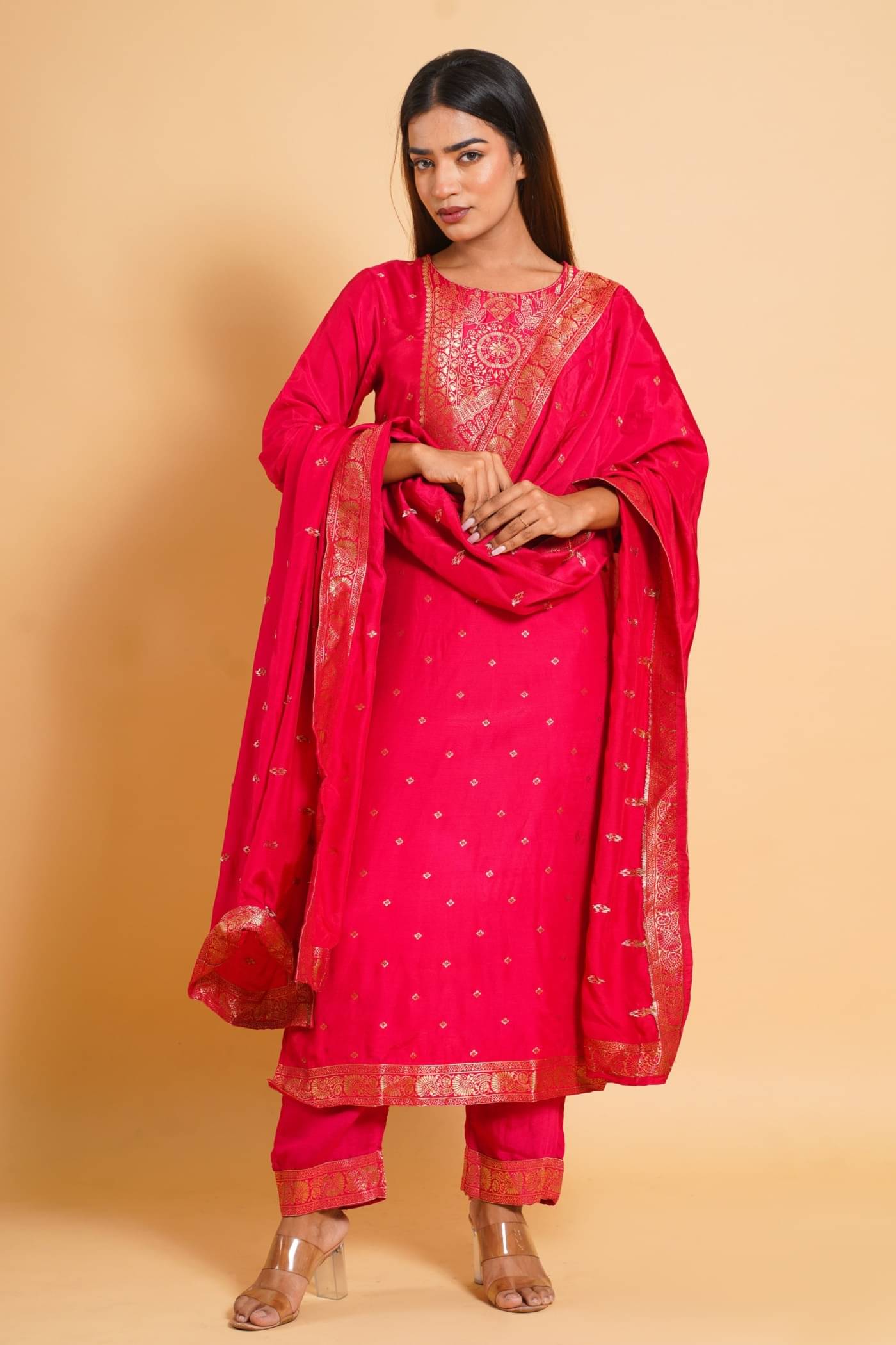     			Sitaram Designer Viscose Embellished Kurti With Pants Women's Stitched Salwar Suit - Pink ( Pack of 1 )