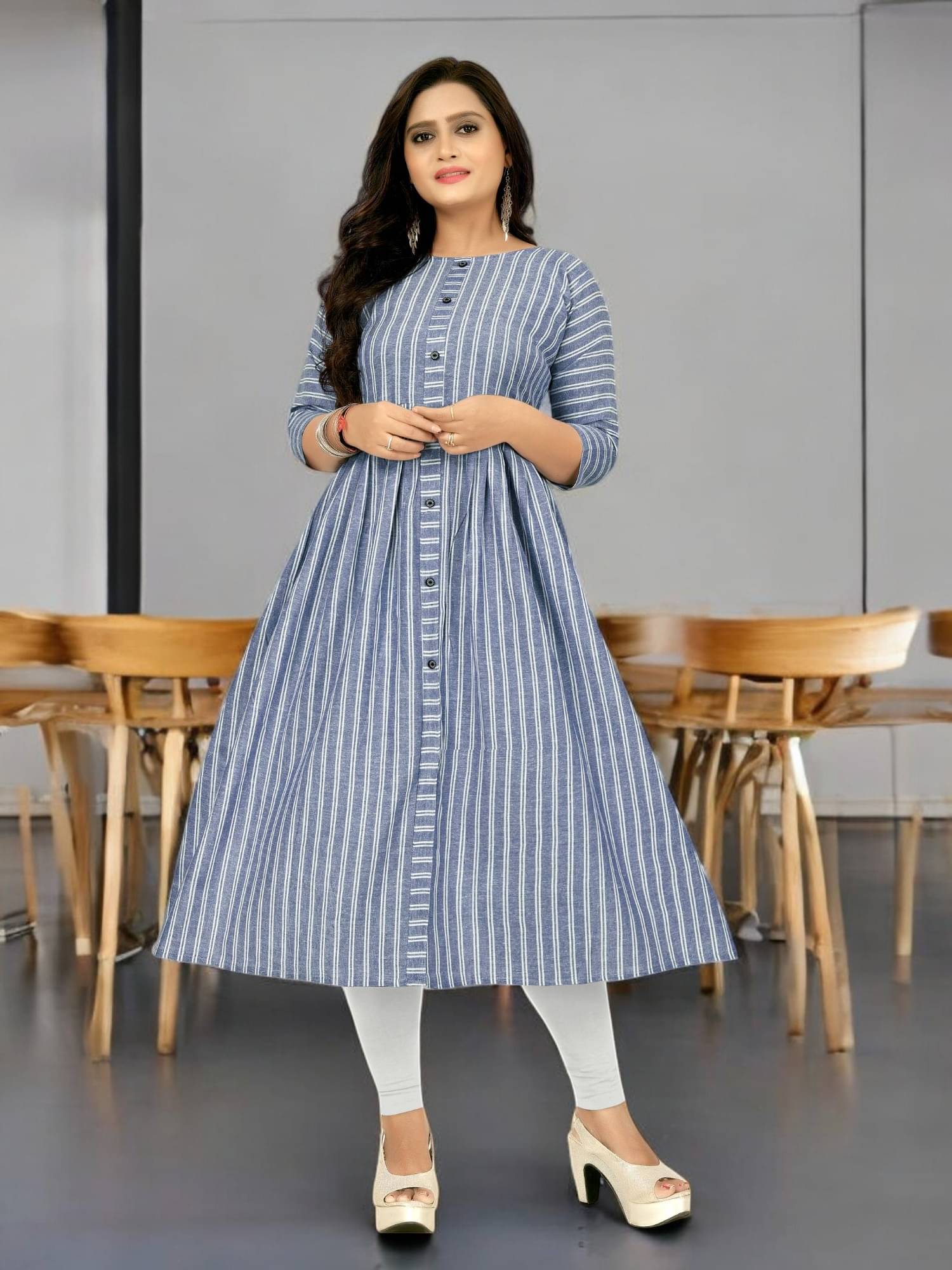 TEXPA Pack of 1 Cotton Striped Front Slit Women's Kurti - ( Blue ) TEXPA Pack of 1 Cotton Striped Front Slit Women's Kurti - ( Blue )