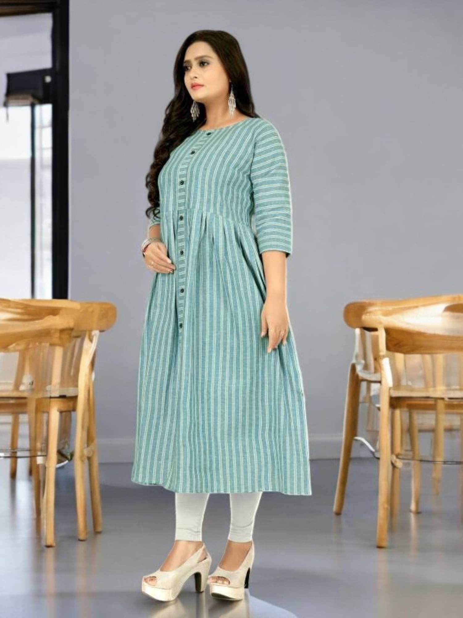 TEXPA Pack of 1 Cotton Striped Flared Women's Kurti - ( Green ) TEXPA Pack of 1 Cotton Striped Flared Women's Kurti - ( Green )