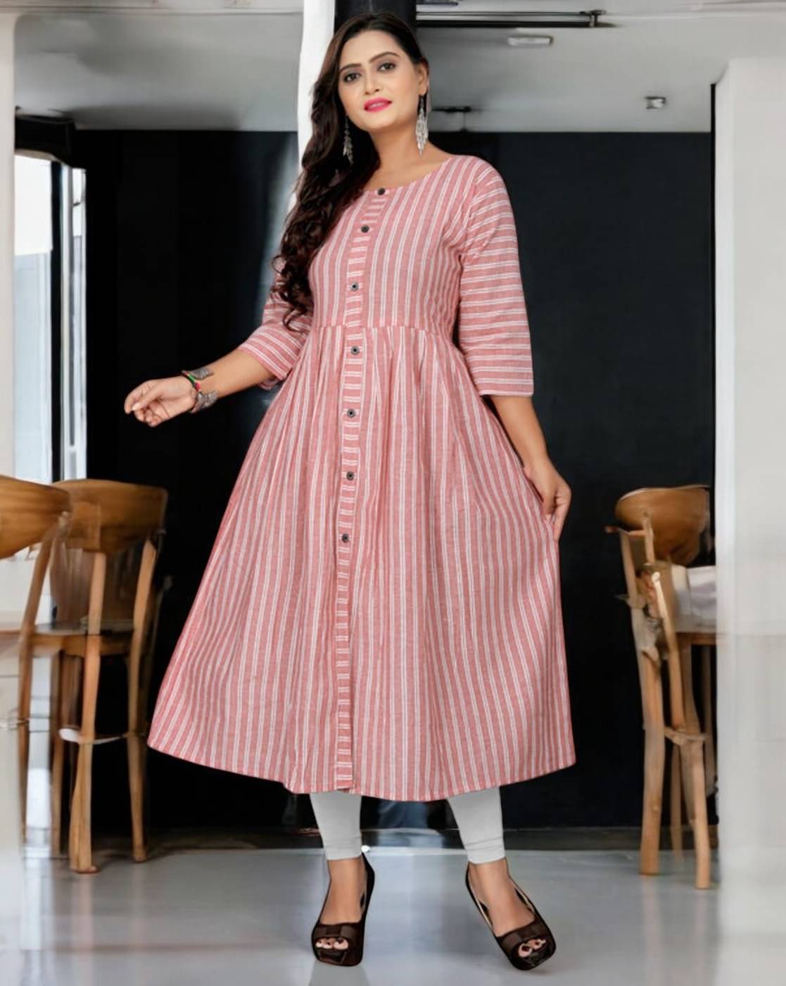     			TEXPA Pack of 1 Cotton Striped Flared Women's Kurti - ( Pink )