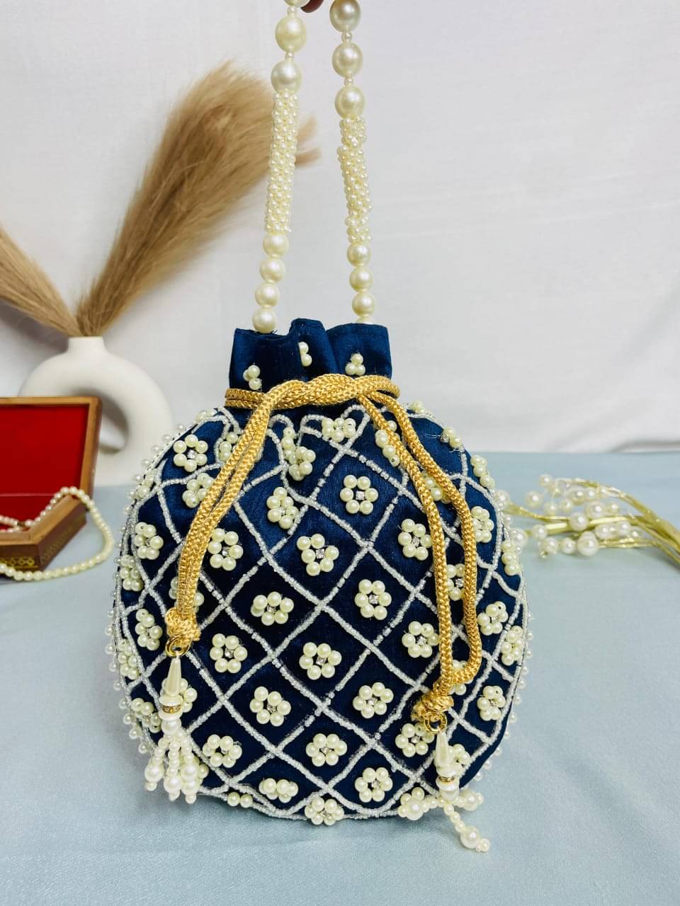    			Banithani Handheld Bag Fabric Set of 1 ( Blue )