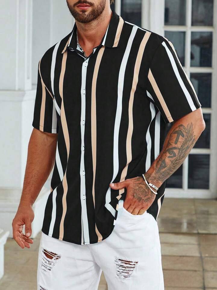     			Bombay Begum Poly Cotton Regular Fit Striped Half Sleeves Men's Casual Shirt - Black ( Pack of 1 )