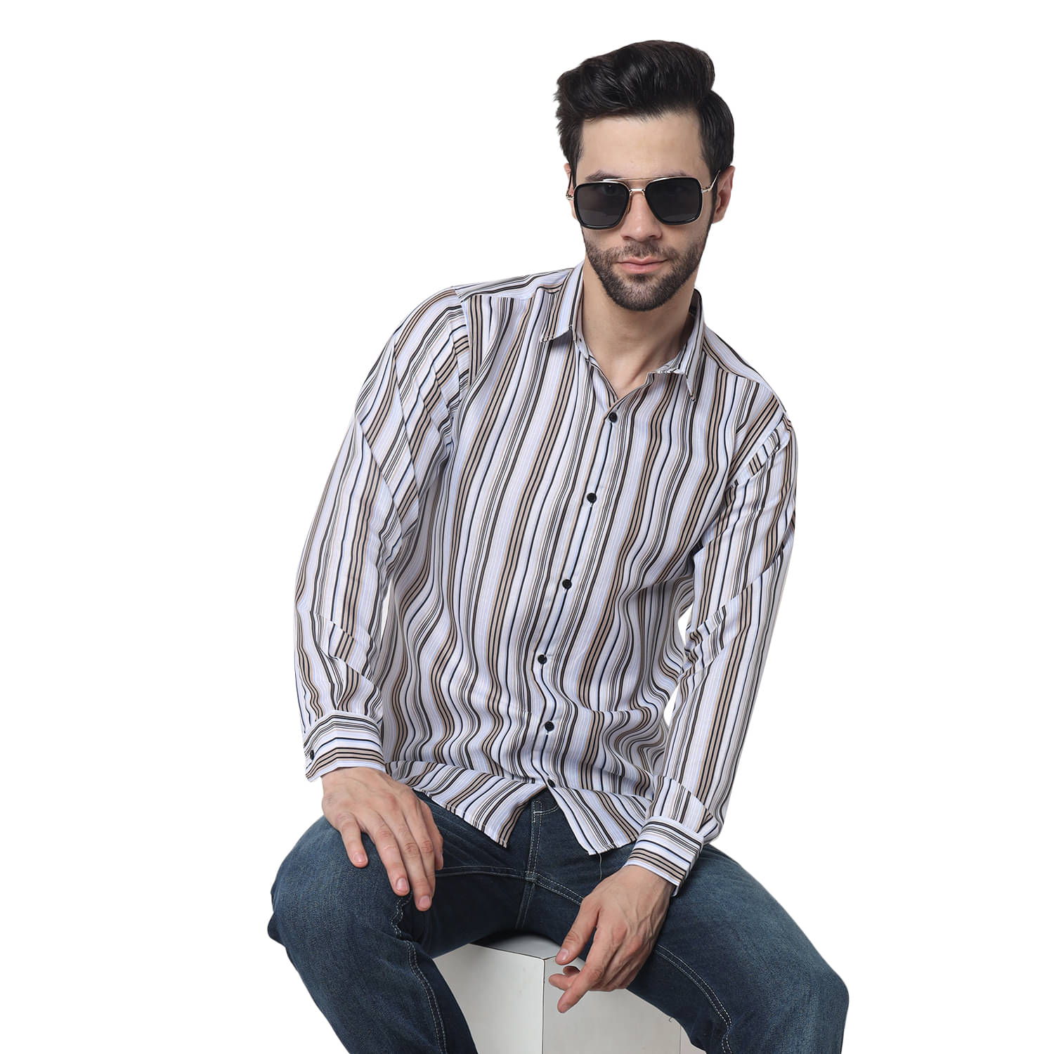     			Bombay Begum Poly Cotton Regular Fit Striped Full Sleeves Men's Casual Shirt - Blue ( Pack of 1 )