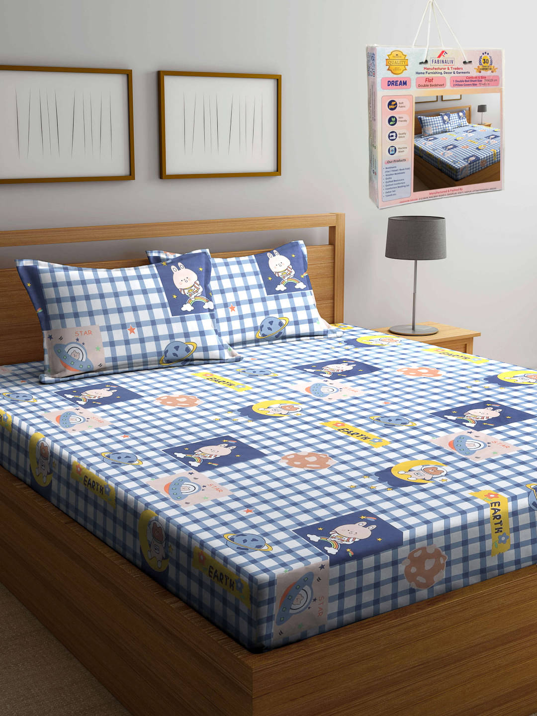     			FABINALIV Poly Cotton 1 Double Bedsheet with 2 Pillow Covers ( Blue )