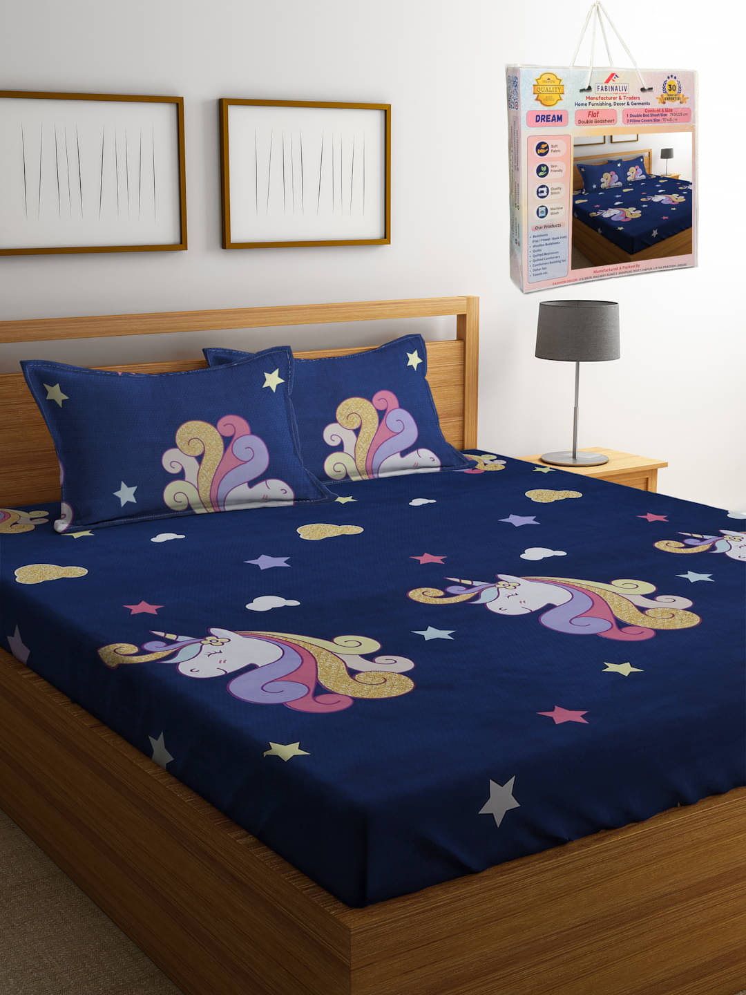     			FABINALIV Poly Cotton 1 Double Bedsheet with 2 Pillow Covers ( Navy Blue )