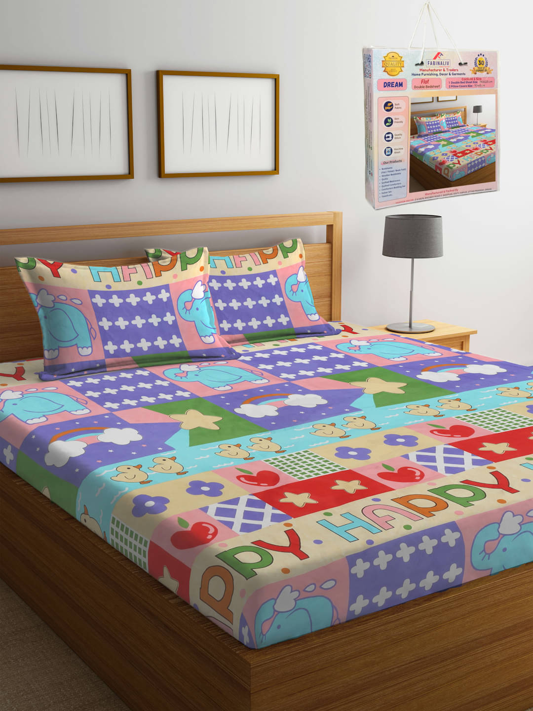     			FABINALIV Poly Cotton 1 Double Bedsheet with 2 Pillow Covers ( Multicolor )