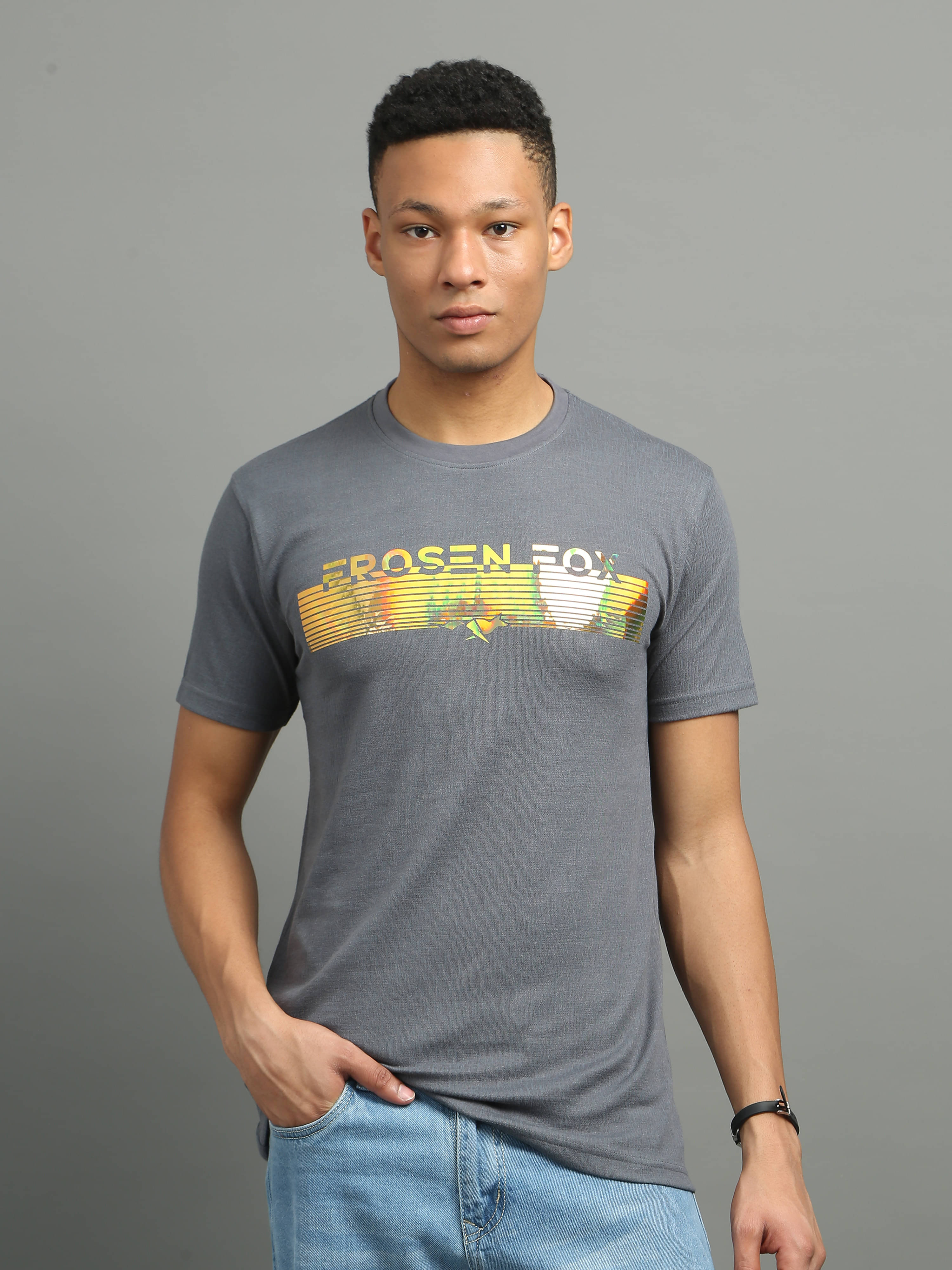    			FROSEN FOX Cotton Blend Regular Fit Printed Half Sleeves Men's Round T-Shirt - Grey ( Pack of 1 )