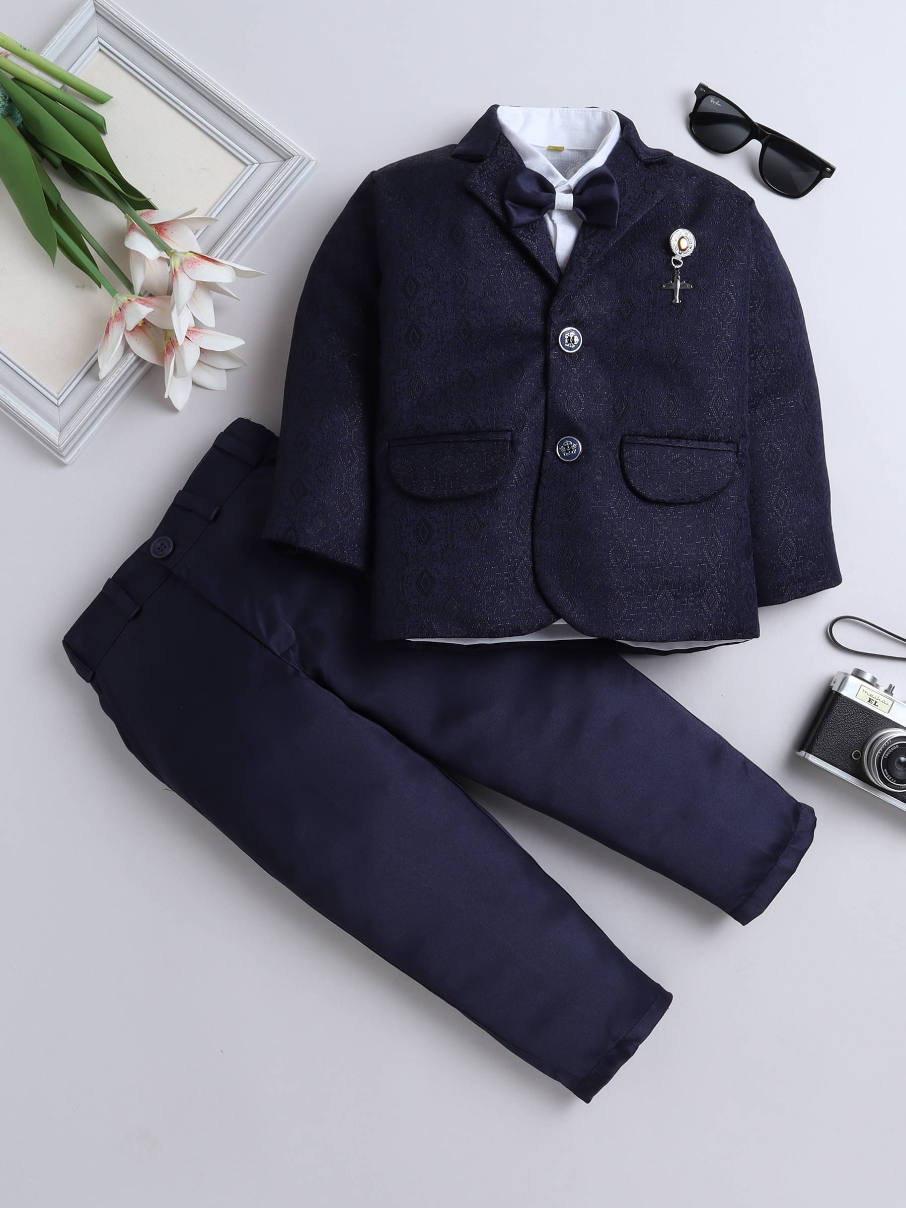     			Fourfolds Pack of 1 Boys Cotton Shirt & Pants Set ( Navy )