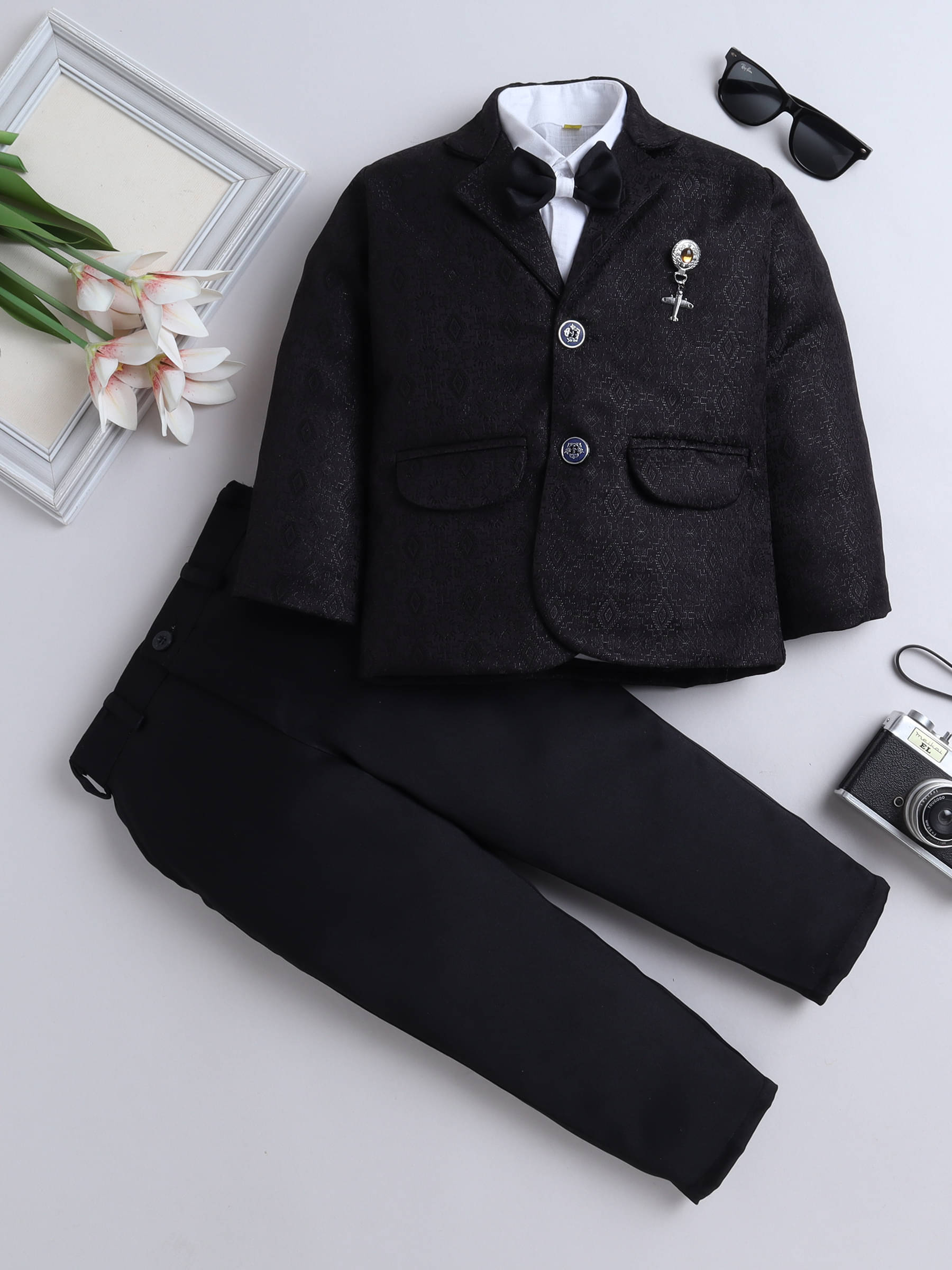     			Fourfolds Pack of 1 Boys Cotton Shirt & Pants Set ( Black )