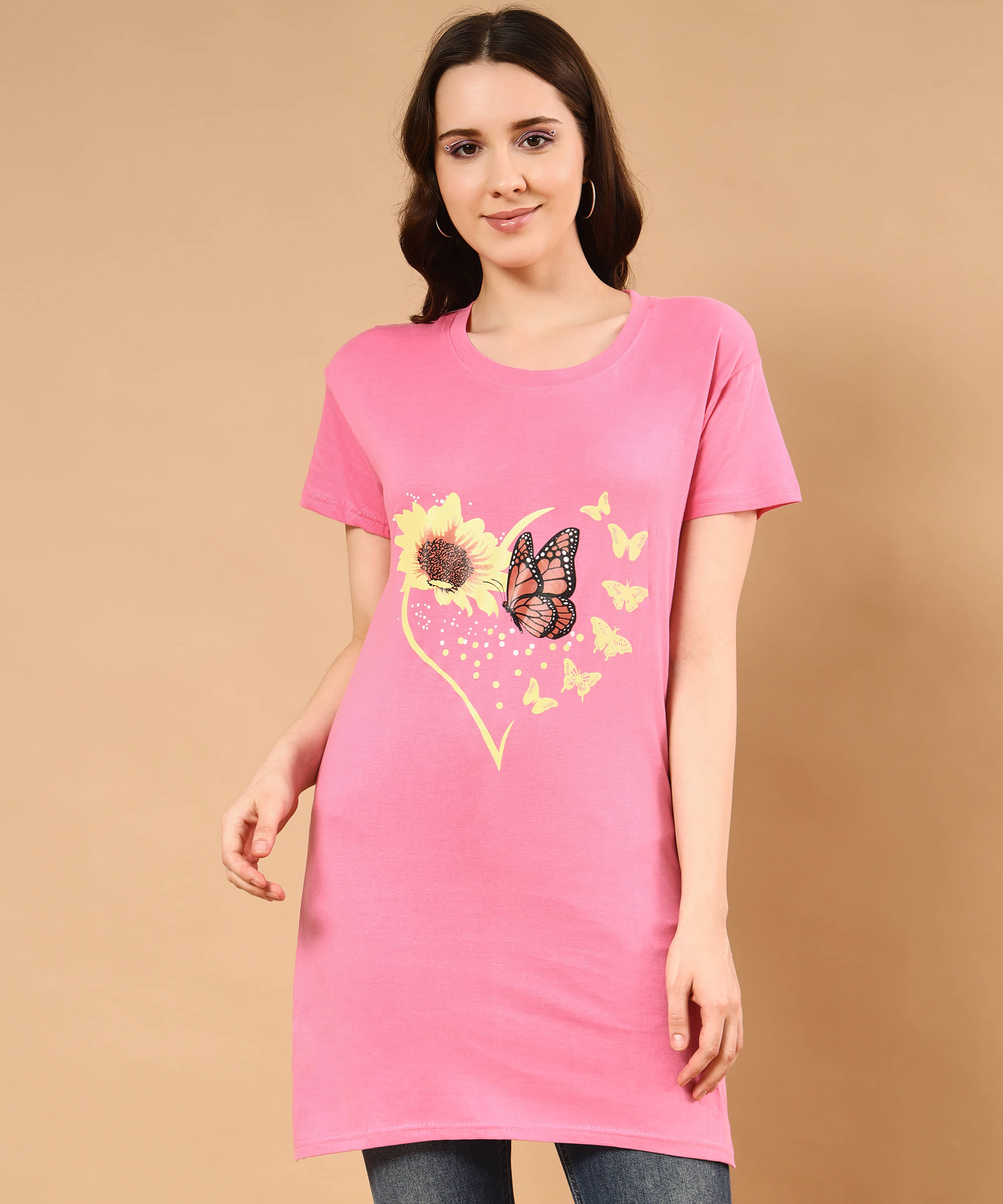 HELL BOUND Women Cotton Printed T-shirt Dress ( Pink ) HELL BOUND Women Cotton Printed T-shirt Dress ( Pink )