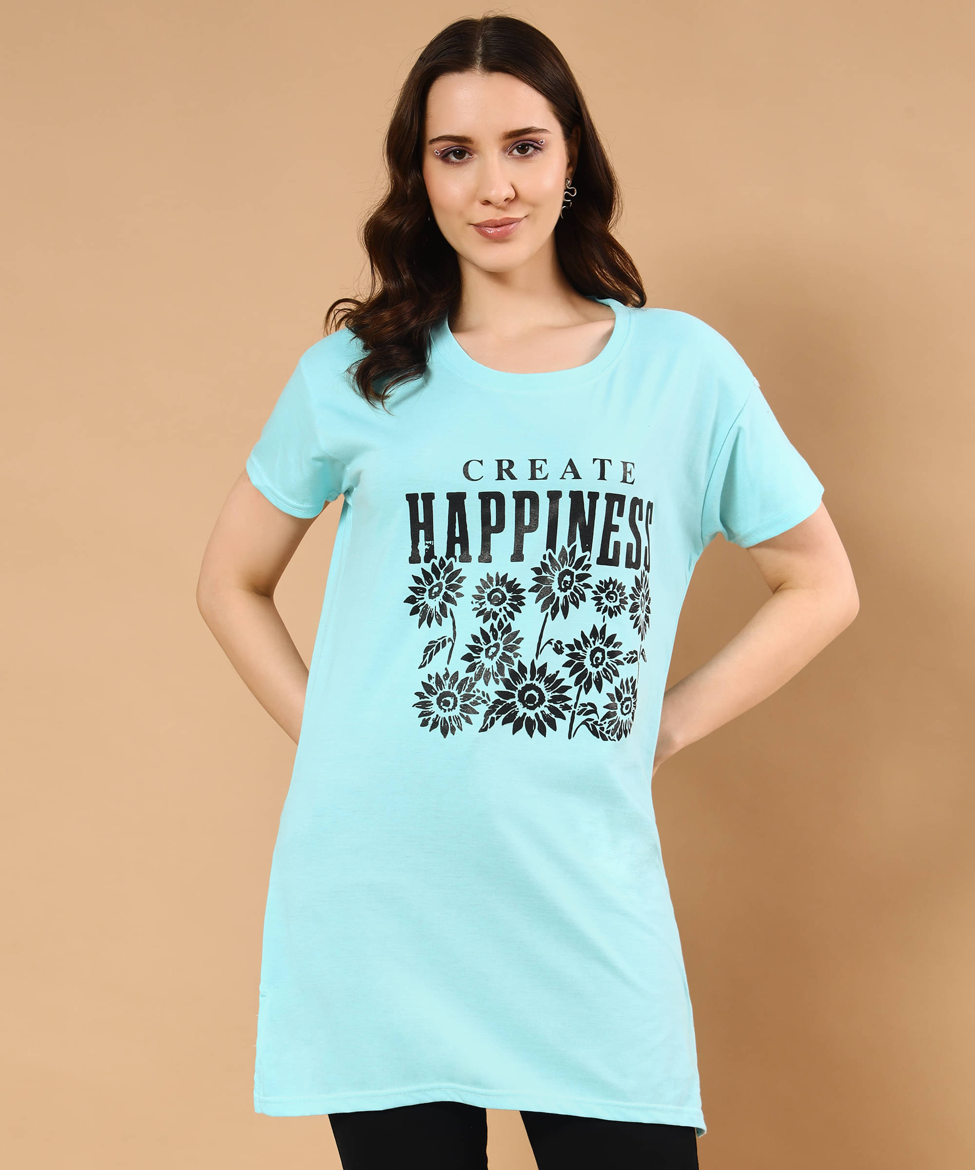 HELL BOUND Women Cotton Printed T-shirt Dress ( Light Blue ) HELL BOUND Women Cotton Printed T-shirt Dress ( Light Blue )