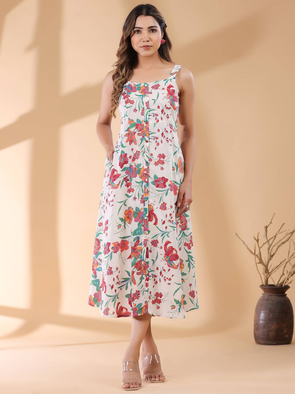 Janasya Women Cotton Printed A-line Dress ( Off White )     			Janasya Women Cotton Printed A-line Dress ( Off White )