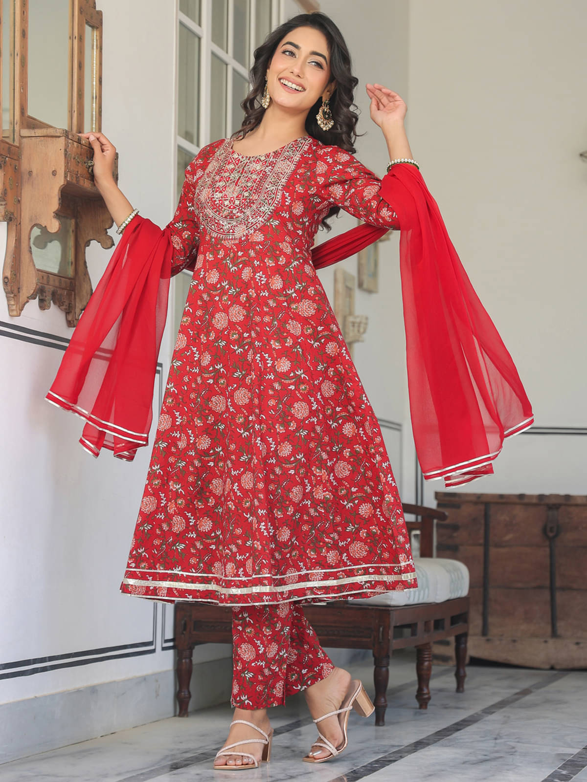     			Janasya Cotton Printed Kurti With Pants Women's Stitched Salwar Suit - Red ( Pack of 1 )
