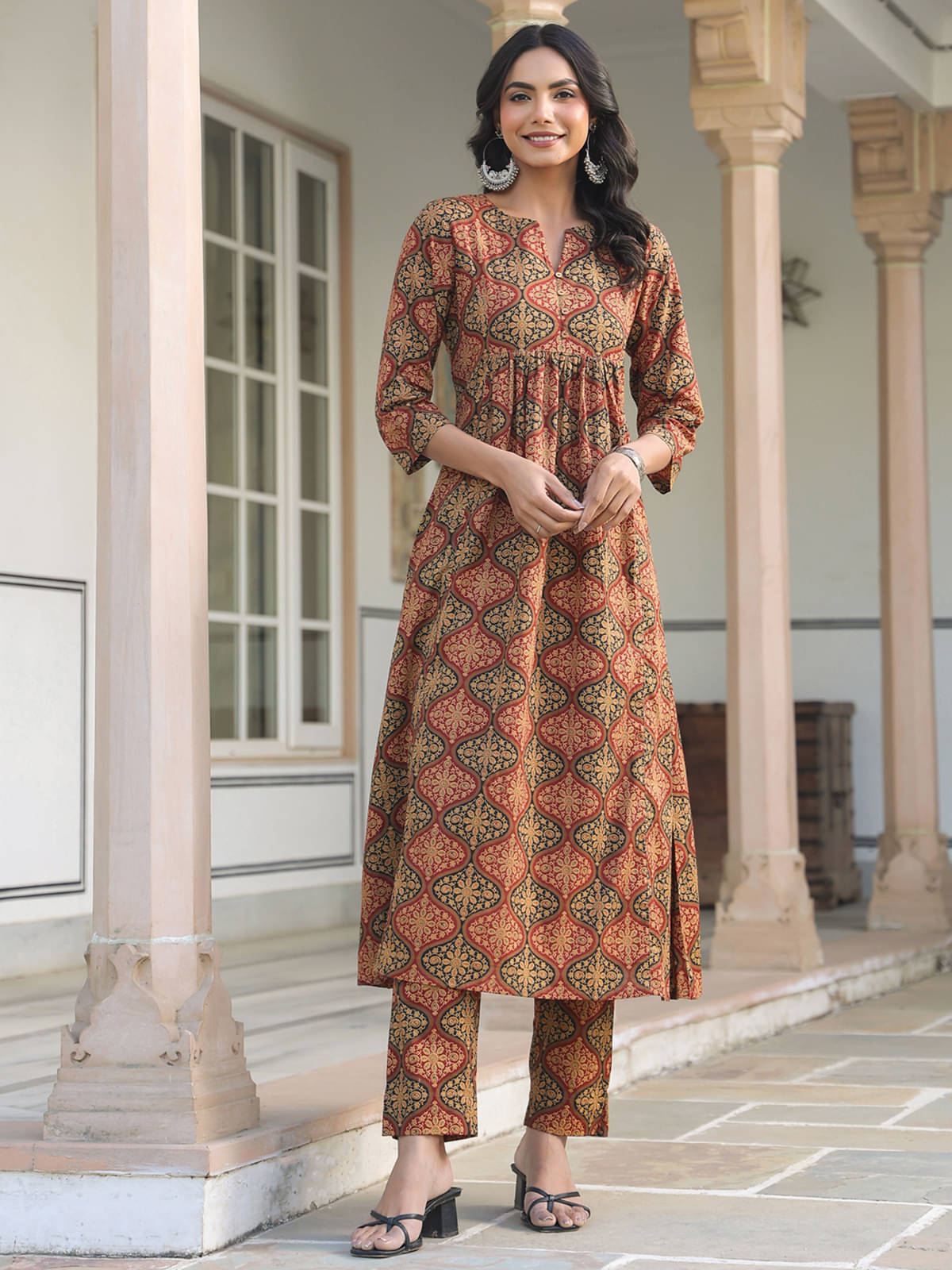 Janasya Cotton Printed Kurti With Pants Women's Stitched Salwar Suit - Brown ( Pack of 1 ) Janasya Cotton Printed Kurti With Pants Women's Stitched Salwar Suit - Brown ( Pack of 1 )